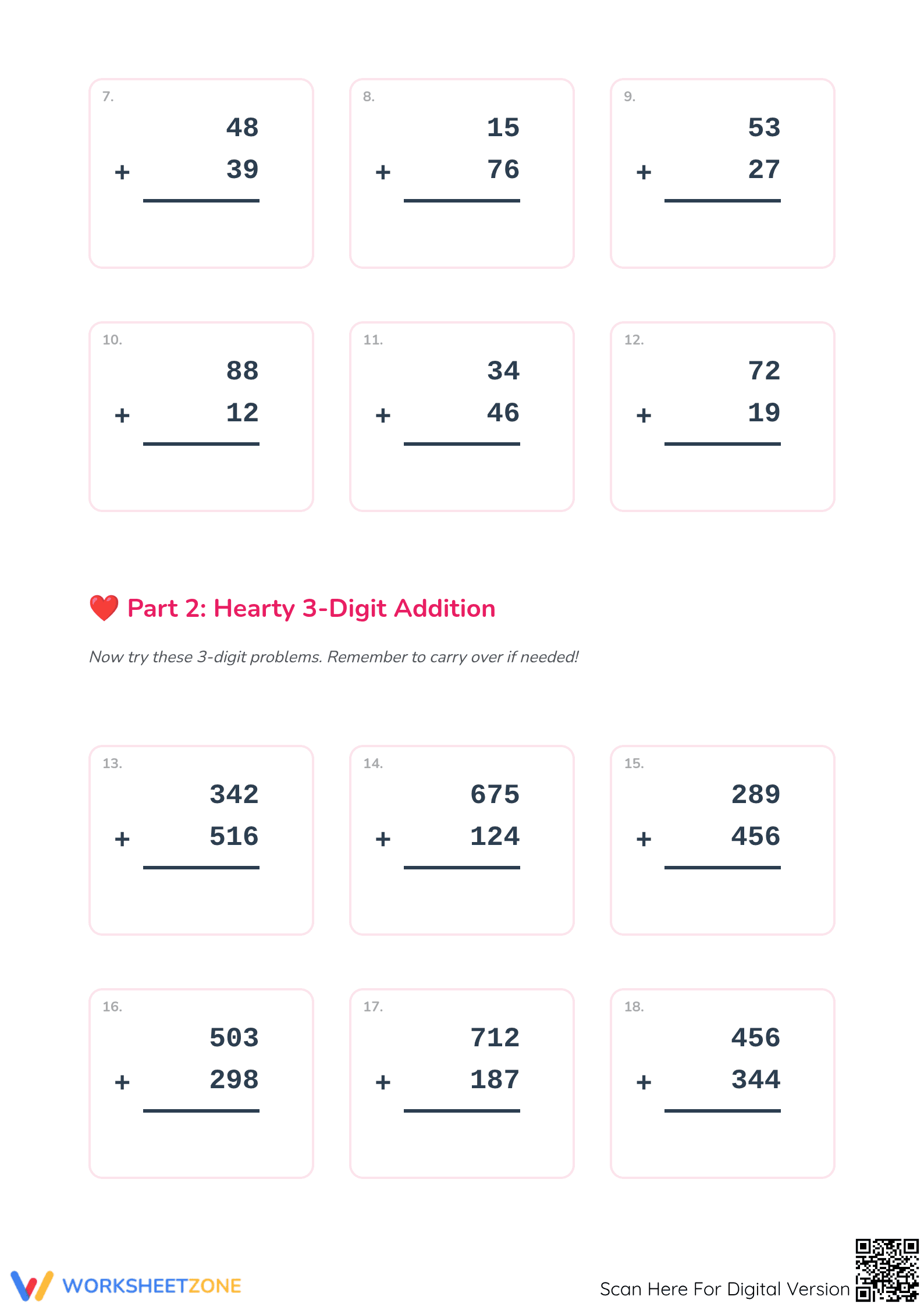 Printable Valentine Addition Worksheet: Grade 4 Math - Page 2
