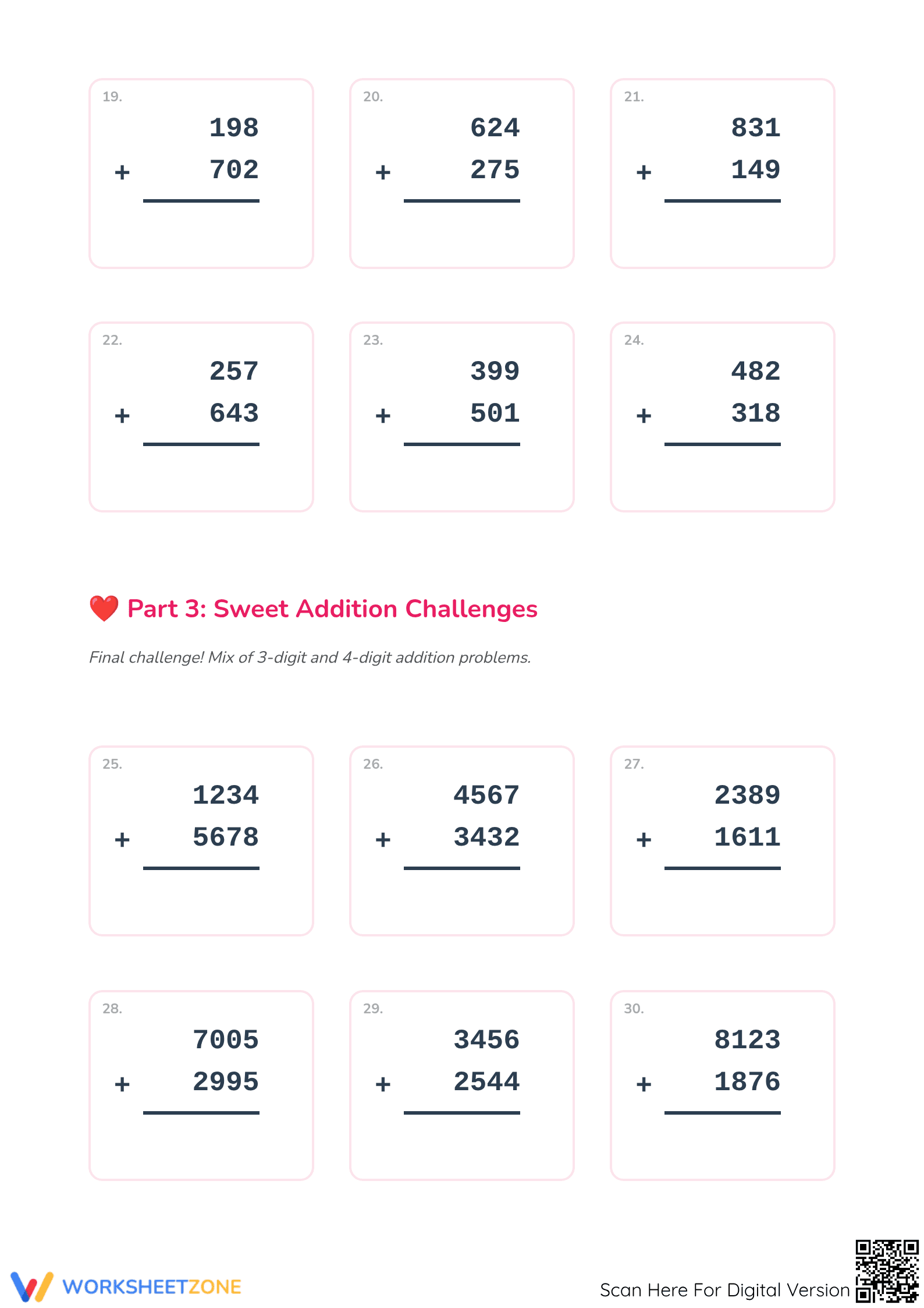 Printable Valentine Addition Worksheet: Grade 4 Math - Page 3