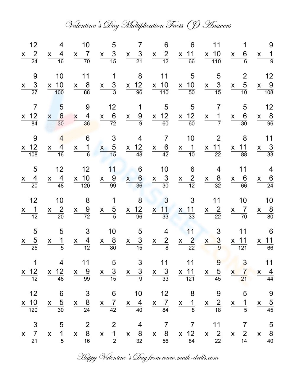 Valentine's Day Multiplication Facts Worksheet - Page 2