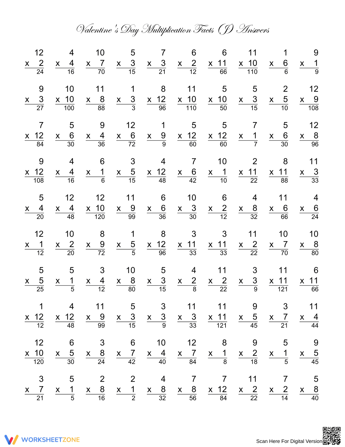Valentine's Day Multiplication Facts Worksheet - Page 2