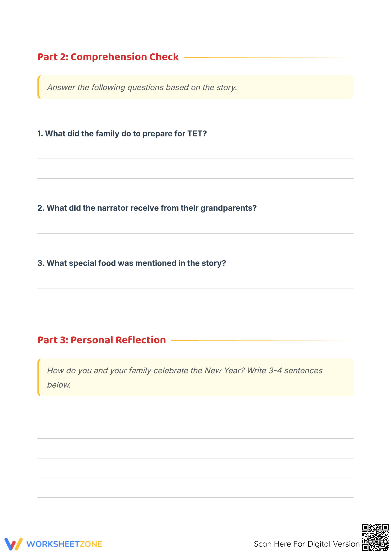 Printable Lunar New Year Story Worksheet | Grade 7-9 - Page 3