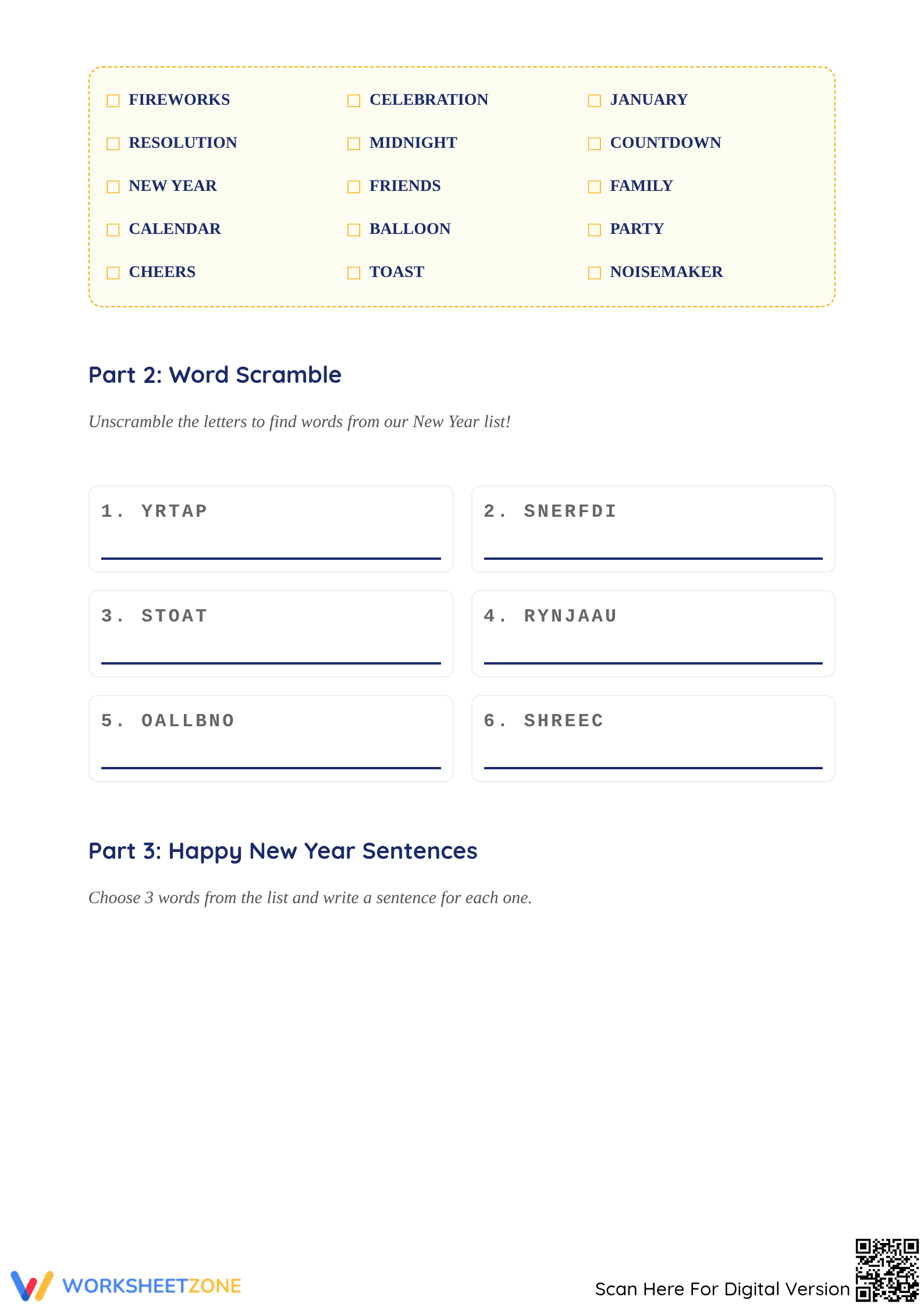 Grade 1-3 New Year Wordsearch — Printable No-Prep Worksheet - Page 2