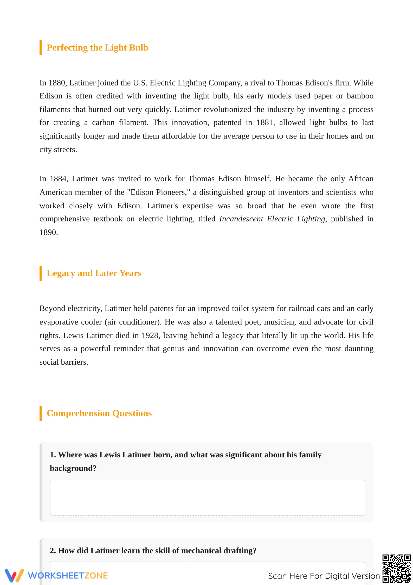 Essential Lewis Latimer Biography Worksheet | Grade 7 ELA - Page 2