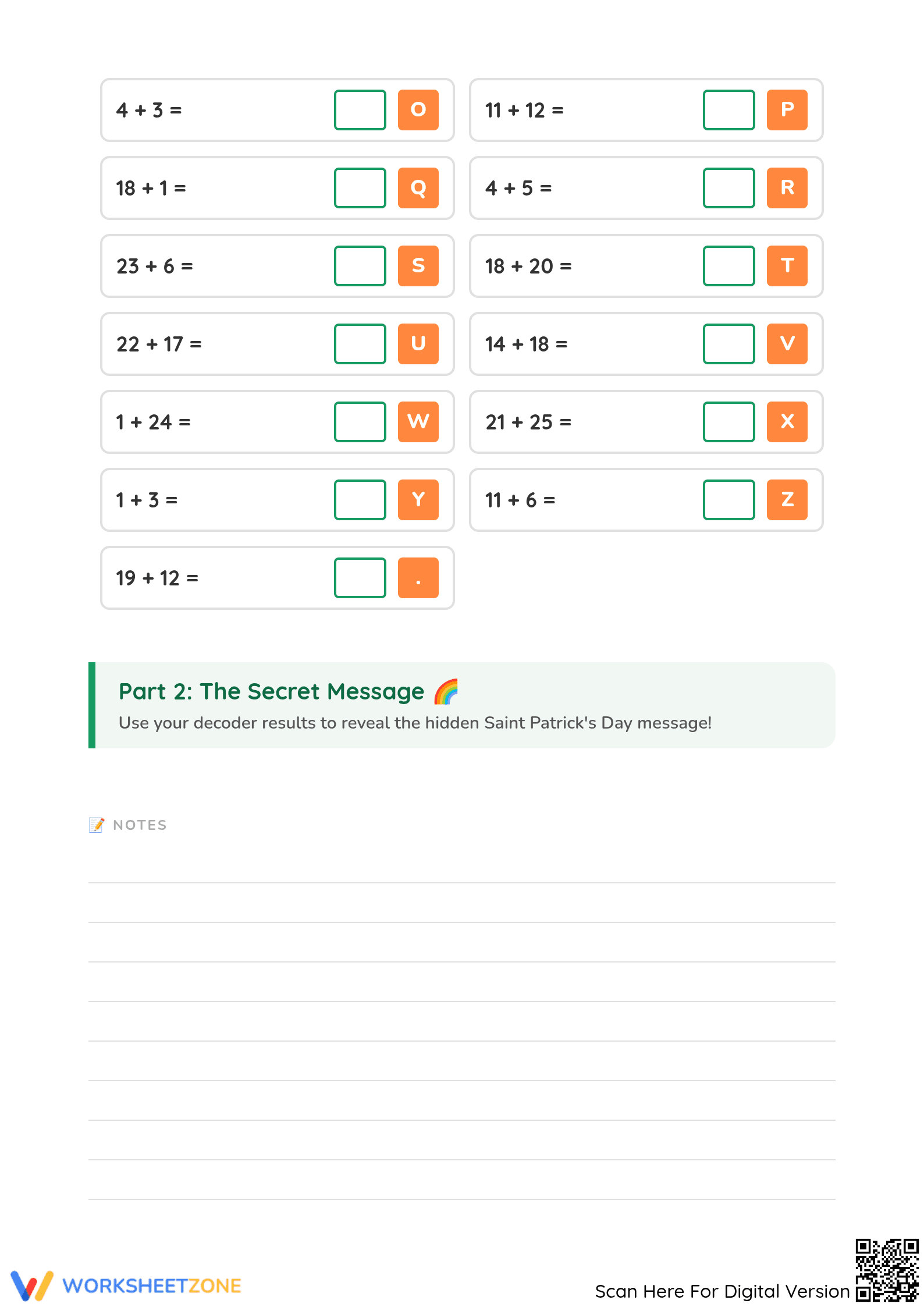 Printable St. Patrick's Day Math: Secret Message Addition - Page 2