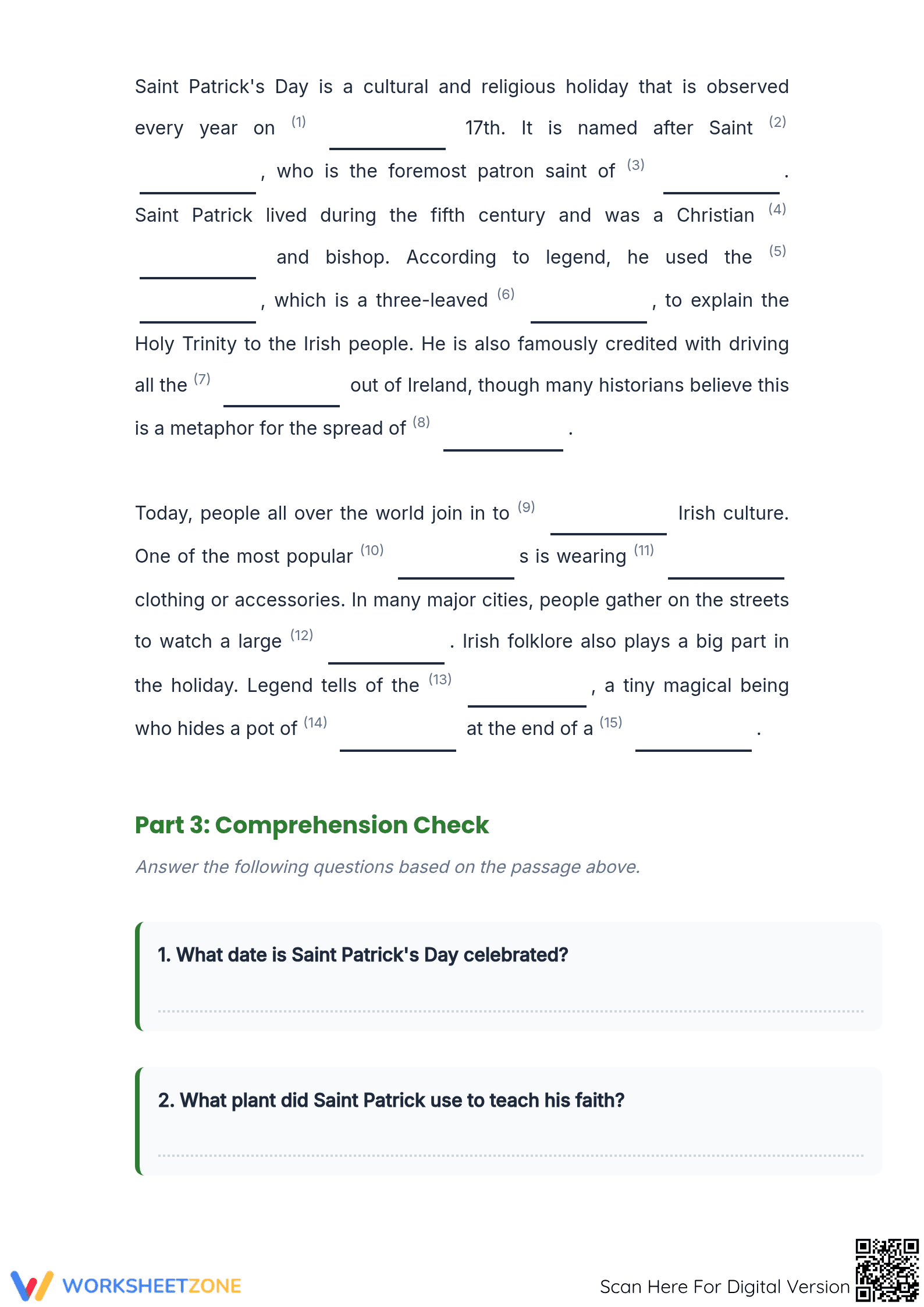 Printable St. Patrick's Day Cloze Worksheet | Grade 5 ELA - Page 2