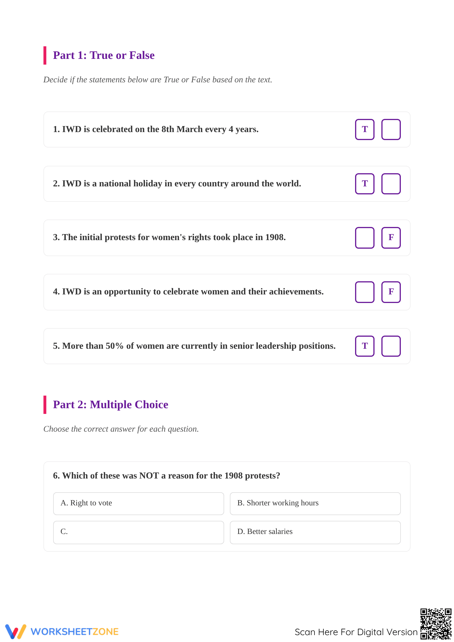 Printable Women's Day Reading Worksheet | Grade 3 ELA - Page 2