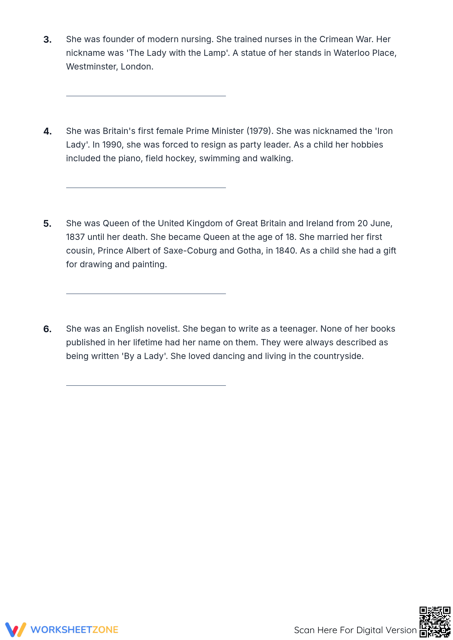 Grade 6 British Women in History — Printable Worksheet - Page 2