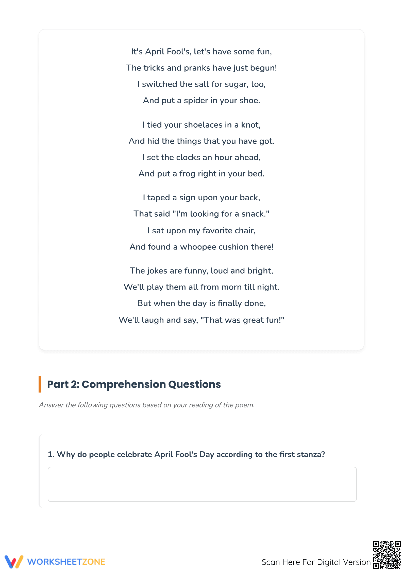Grade 4 April Fools' Day Poem — Printable No-Prep Worksheet - Page 2