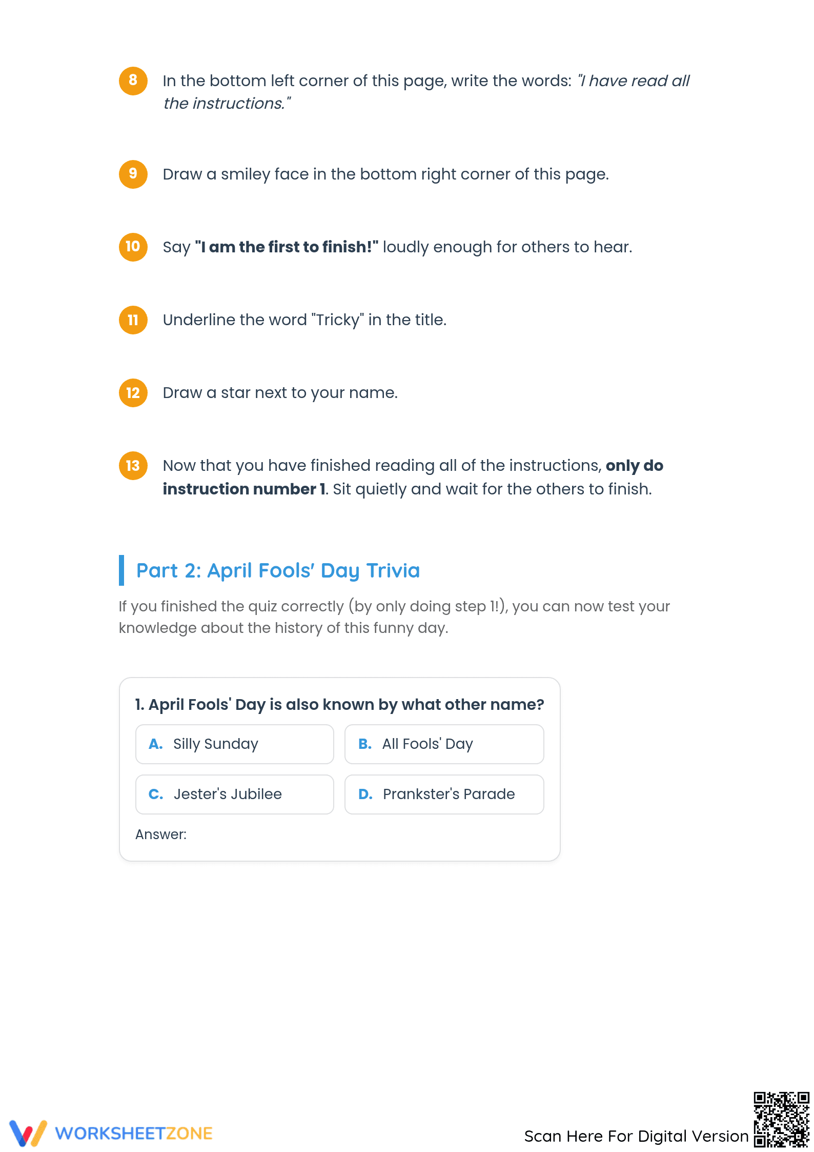 Printable April Fool's Day Tricky Quiz | Grade 3-12 - Page 2