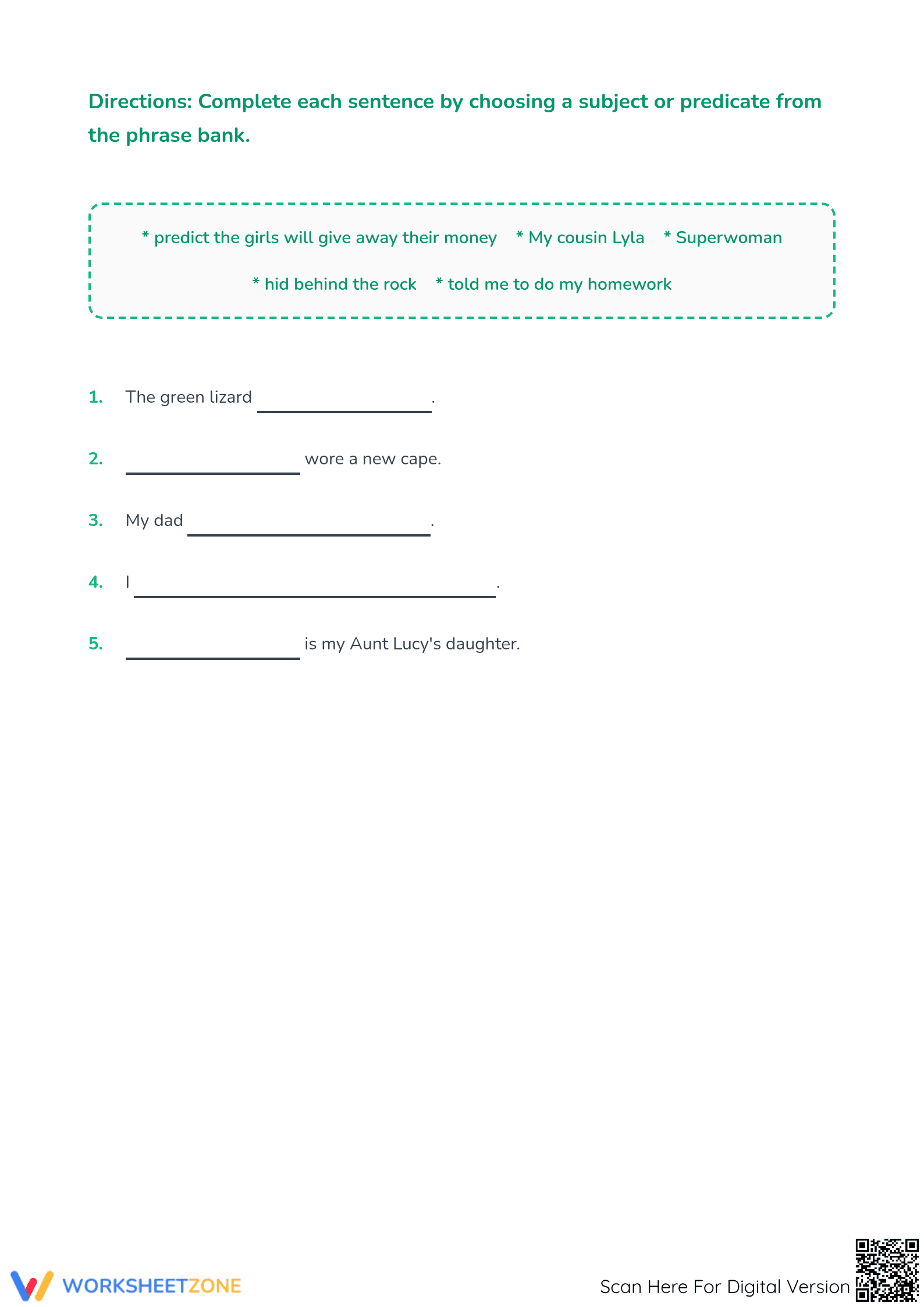 Subjects and Predicates Worksheet | Essential Grade 4 - Page 3