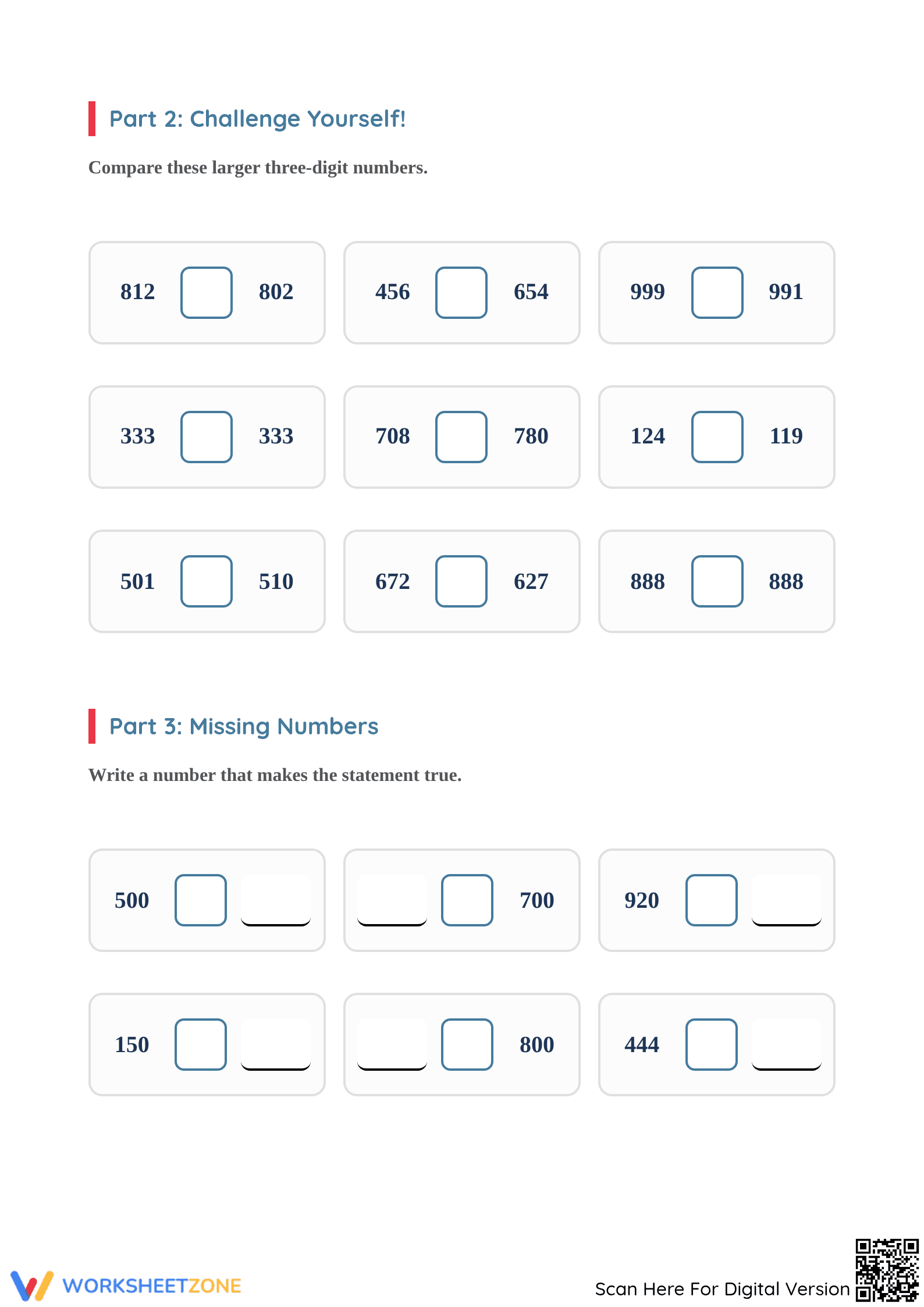 Essential Comparing Three-Digit Numbers Worksheet | Grade 1 - Page 2