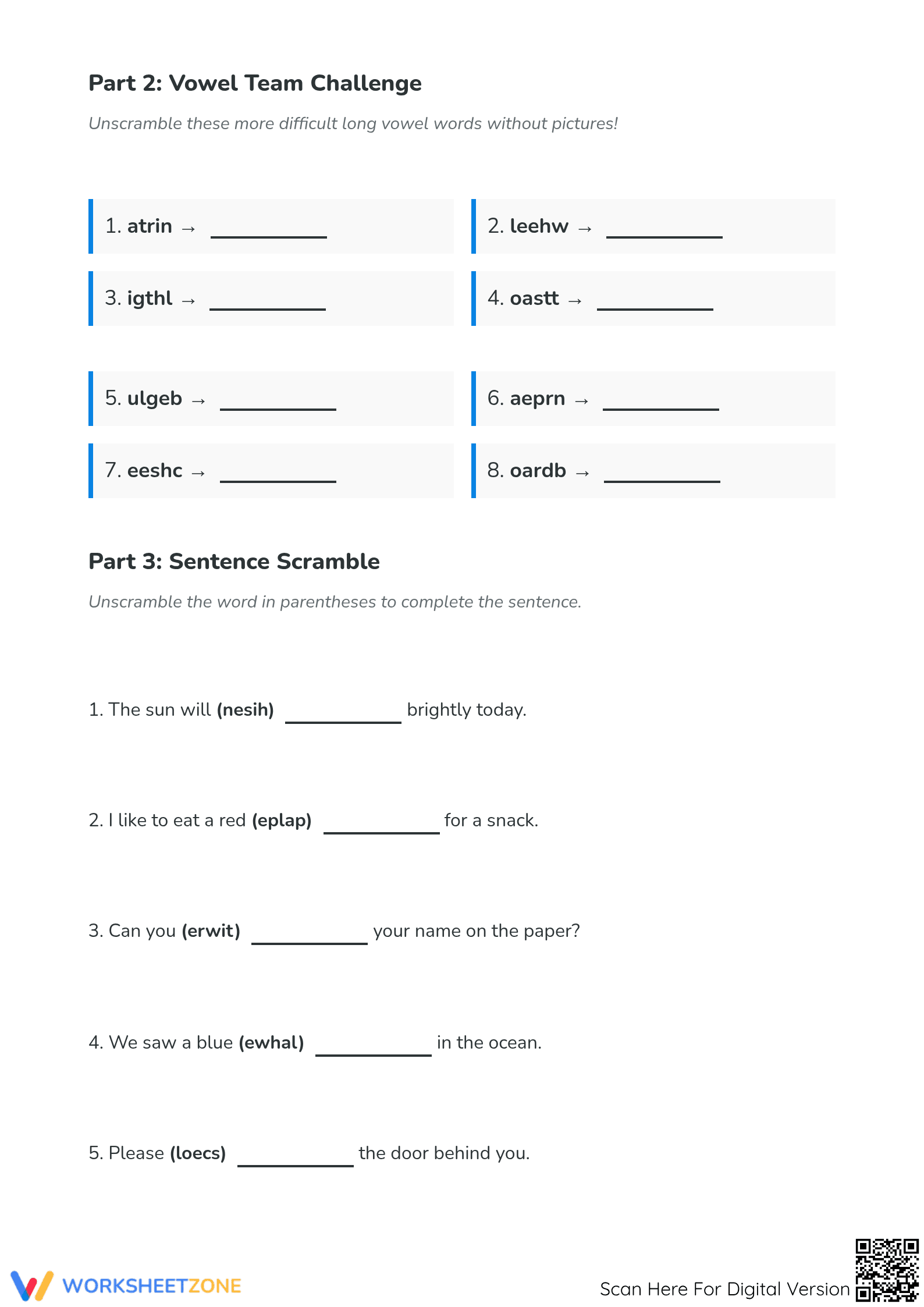 Printable Long Vowel Word Scramble Worksheet | Grade 2 ELA - Page 2