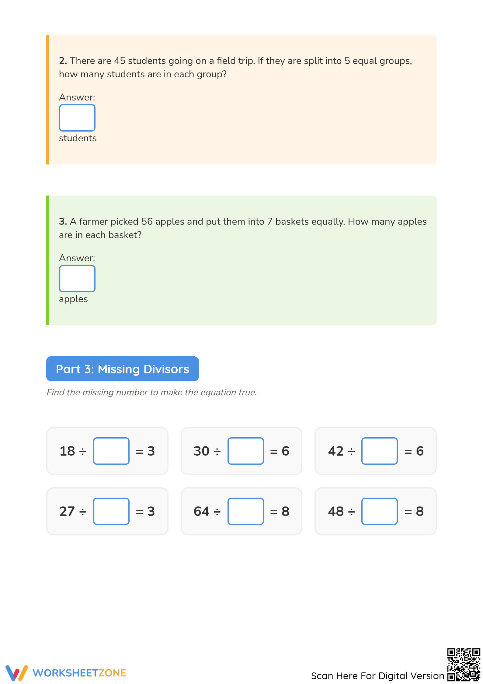 Division Facts and Word Problems | Grade 3 Printable - Page 3