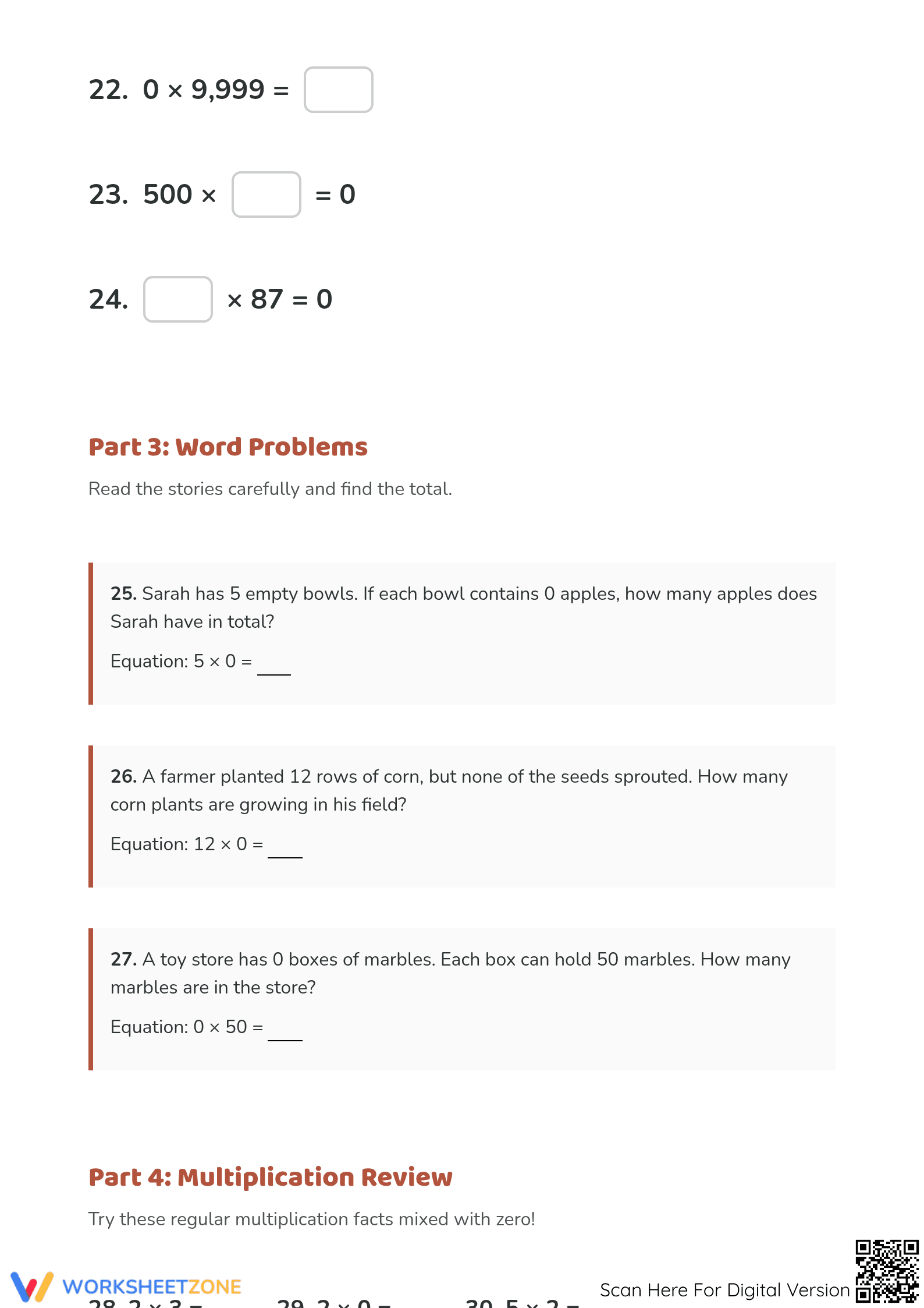 Multiply by Zero Math Worksheet | Essential Grade 3 Aligned - Page 3