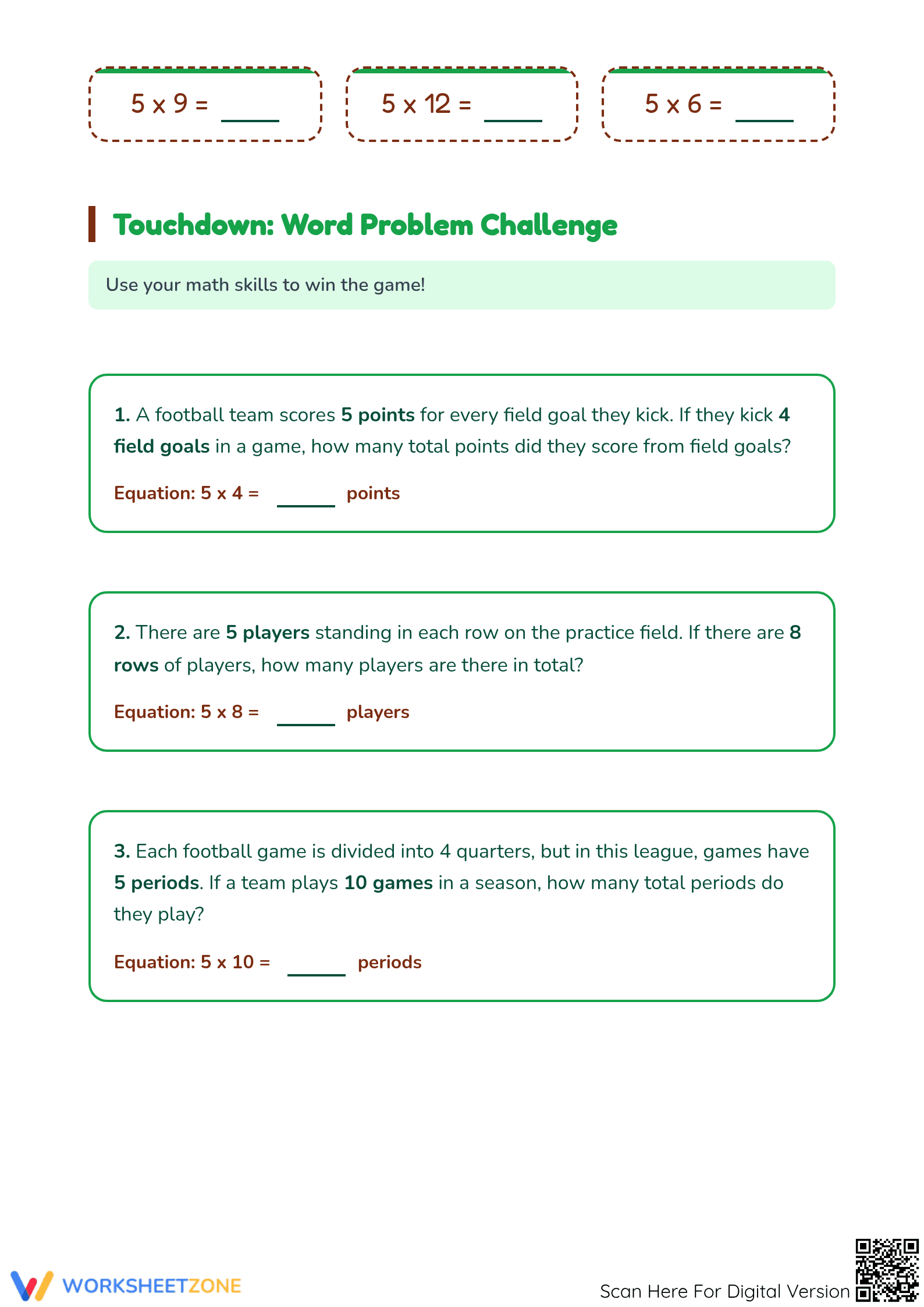 Printable Football Multiplication x5 Worksheet | Grade 3 - Page 2
