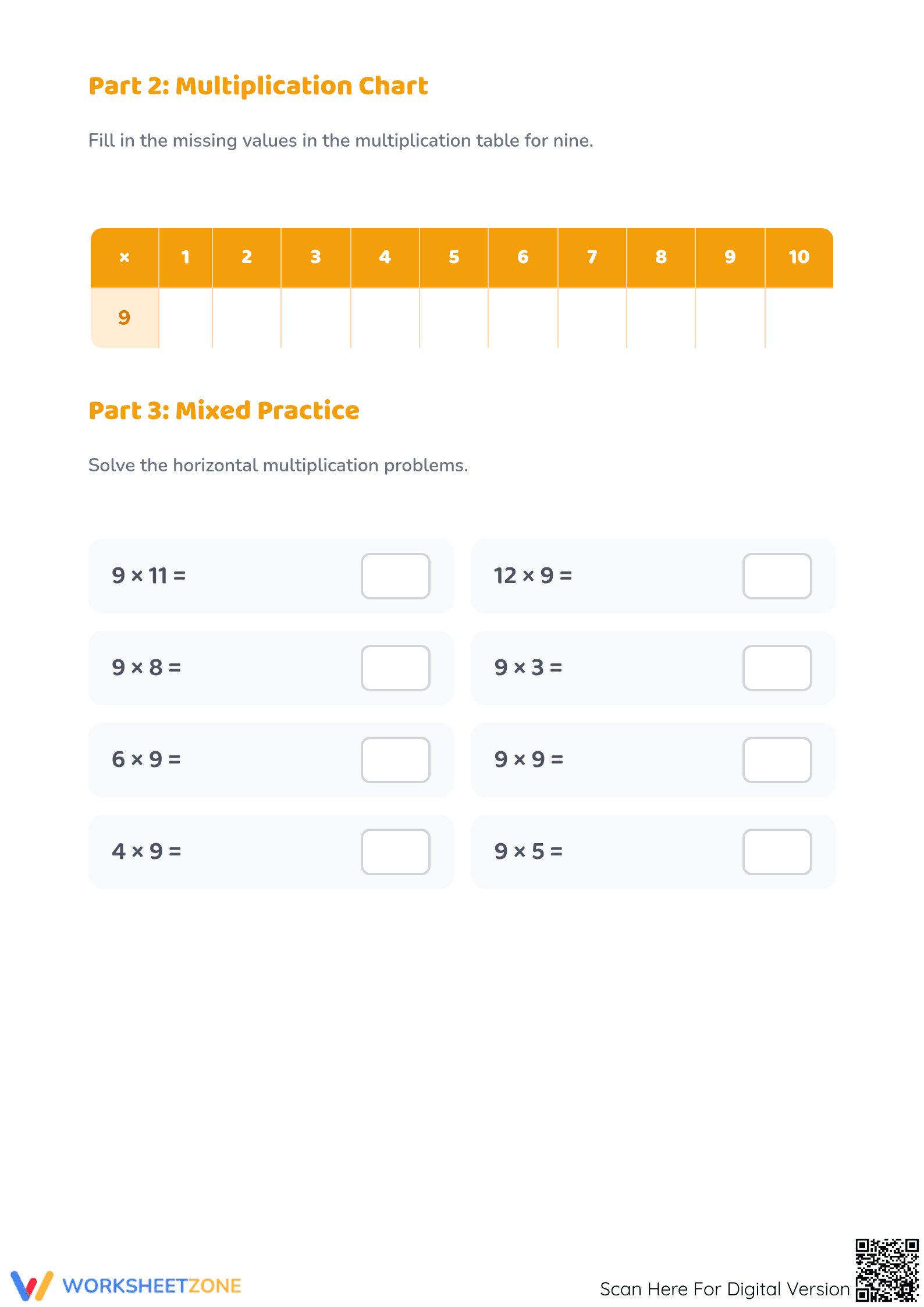 Printable Multiplying by Nine Worksheet — Grade 3 Math - Page 3