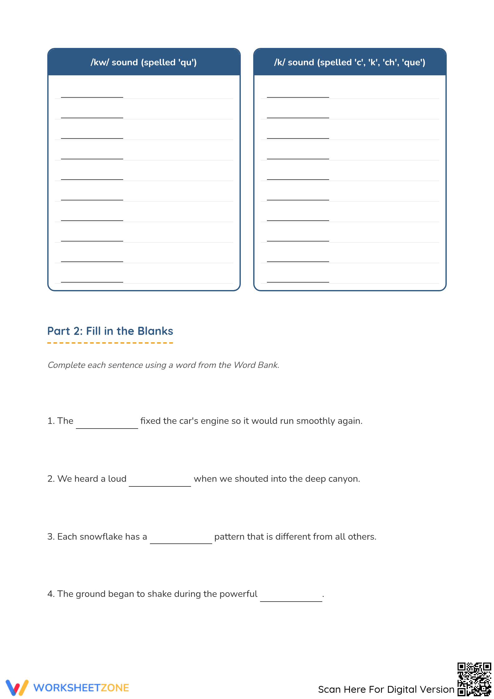 Grade 4 /k/ and /kw/ Phonics — Printable No-Prep Worksheet - Page 2
