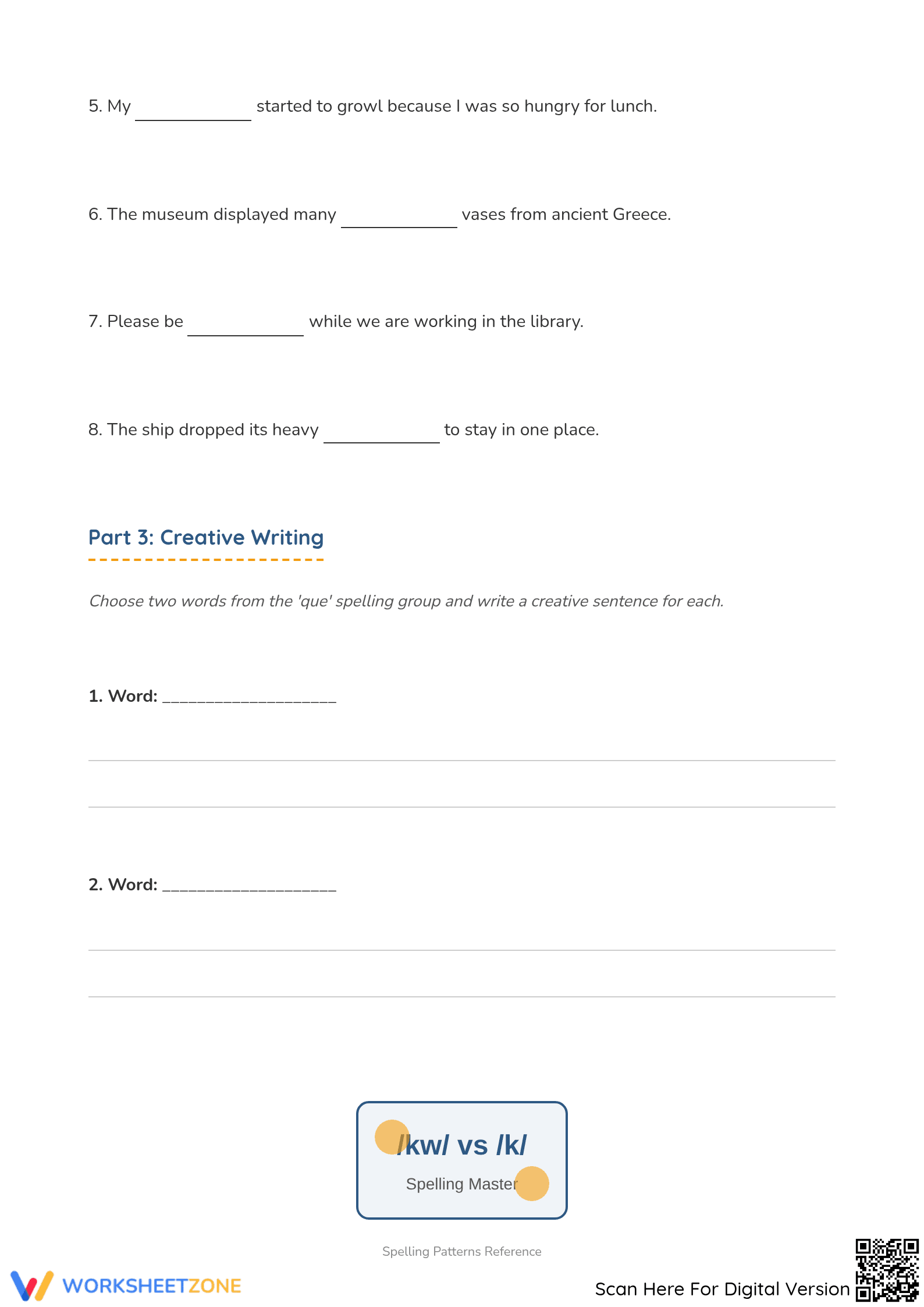 Grade 4 /k/ and /kw/ Phonics — Printable No-Prep Worksheet - Page 3