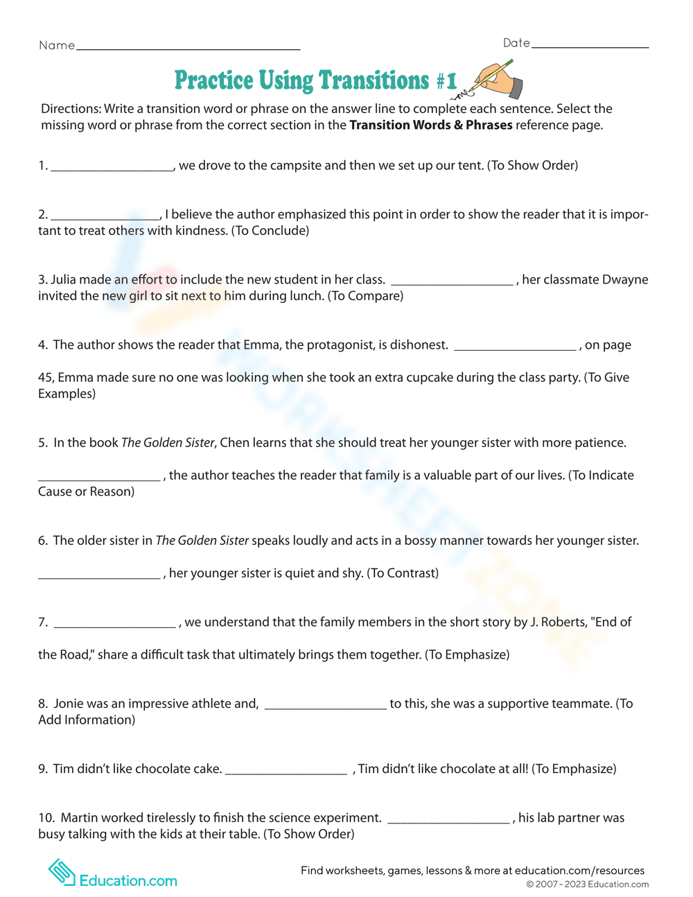 Practice Using Transitions Worksheet - Page 2