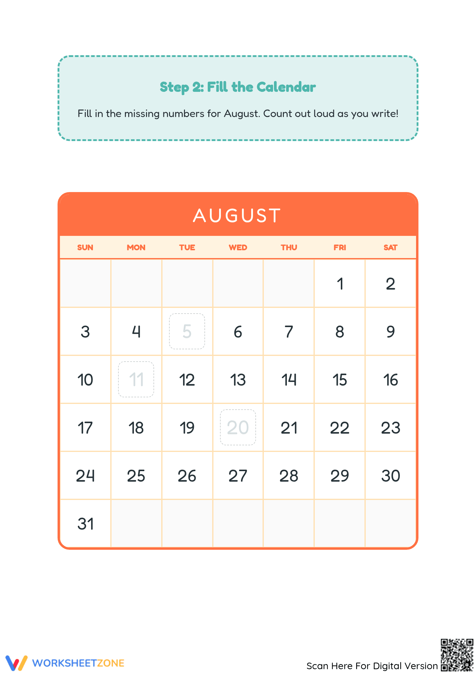 Printable August Calendar Worksheet for Preschool Math - Page 2