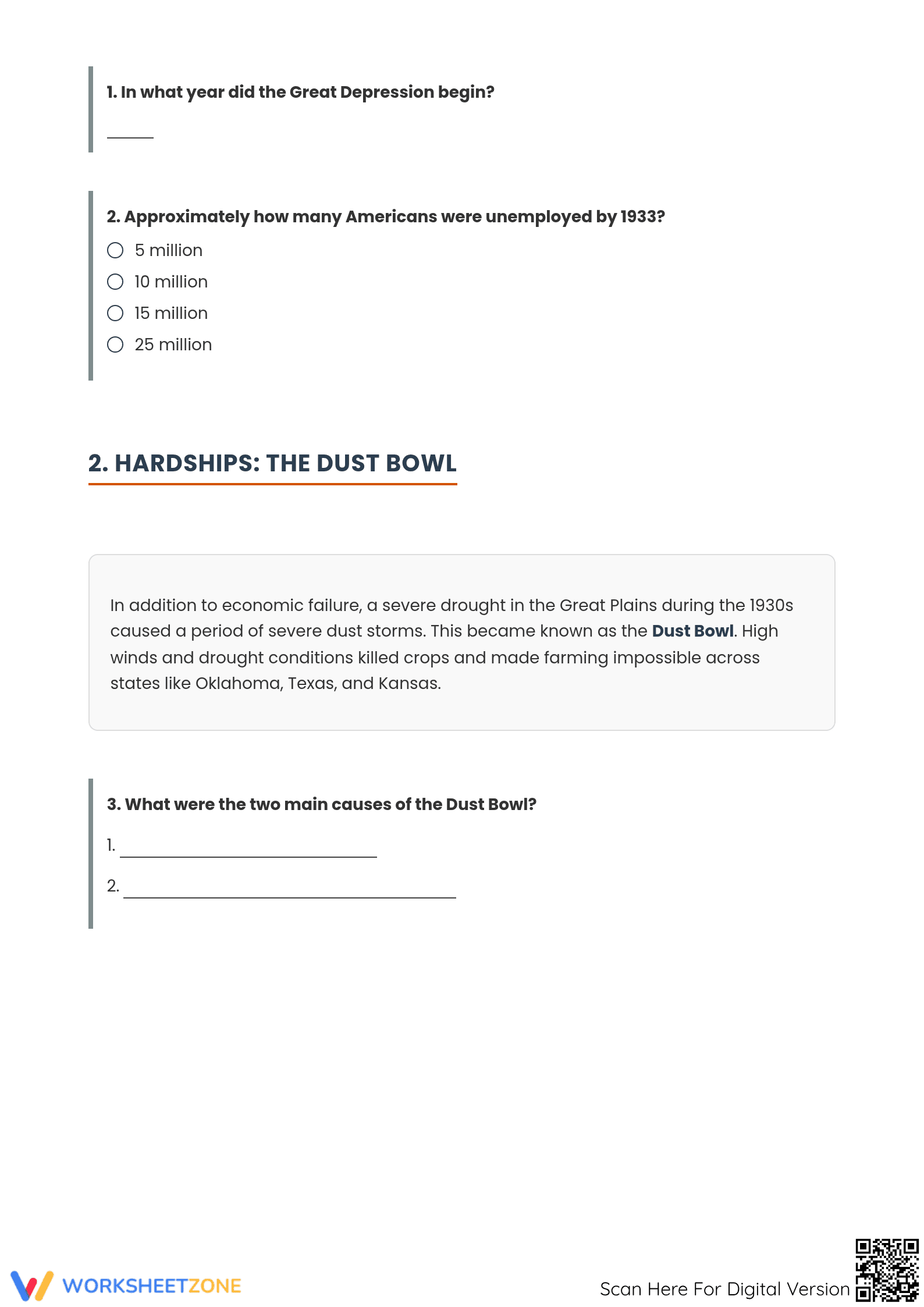 The Great Depression: Essential Grade 5 Printable Worksheet - Page 2