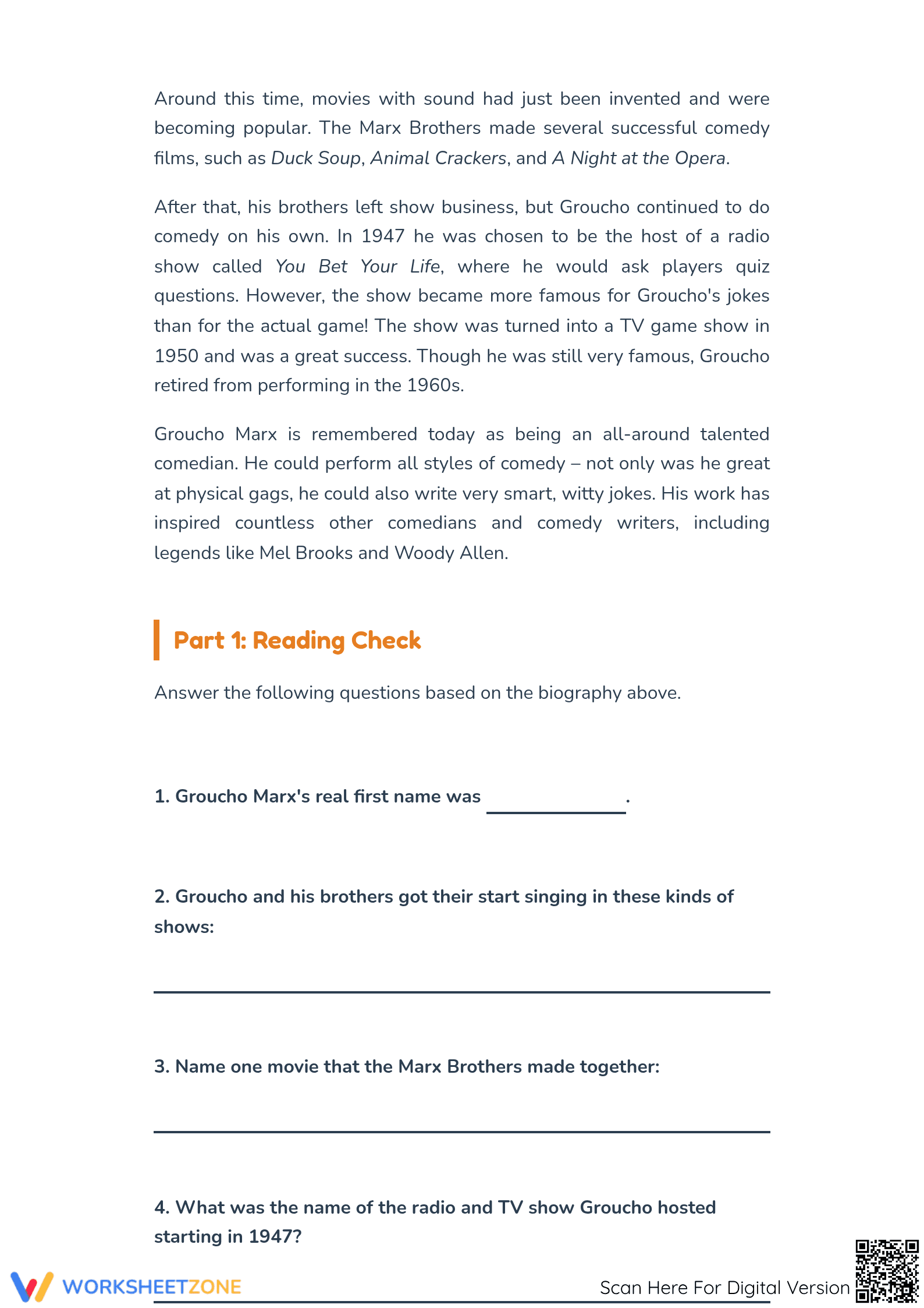 Groucho Marx Biography Worksheet | Essential Grade 3 ELA - Page 2