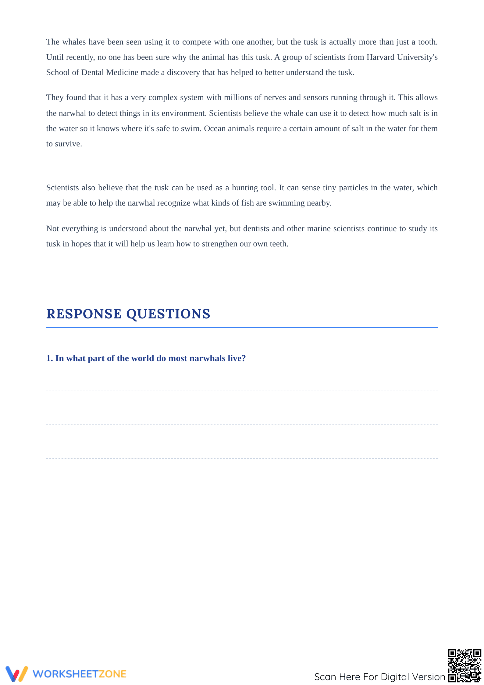 Narwhal Tusk Reading — Printable Grade 5 ELA Worksheet - Page 2