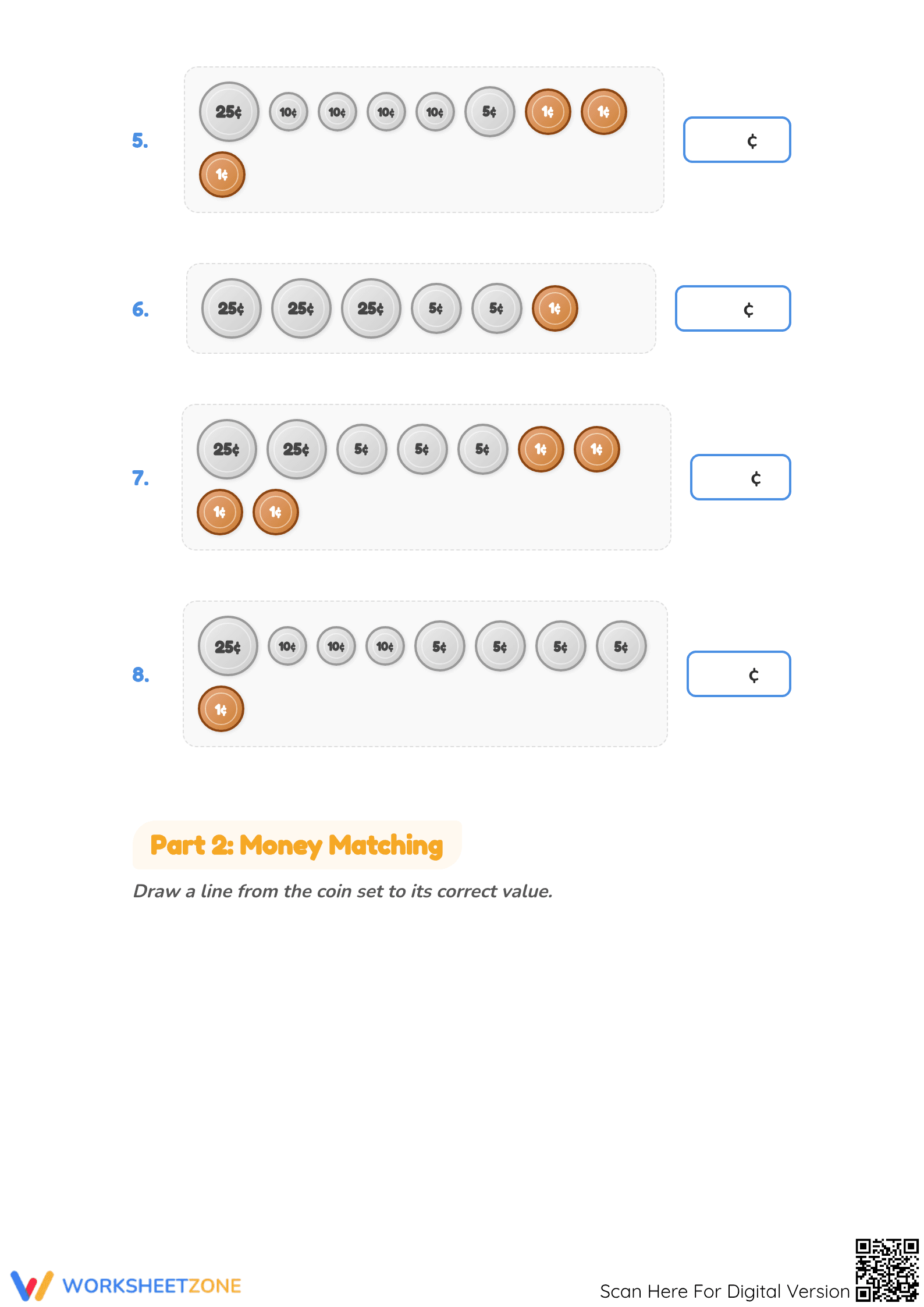 Printable Grade 2 Money Math: Counting Coins up to 95 Cents - Page 2