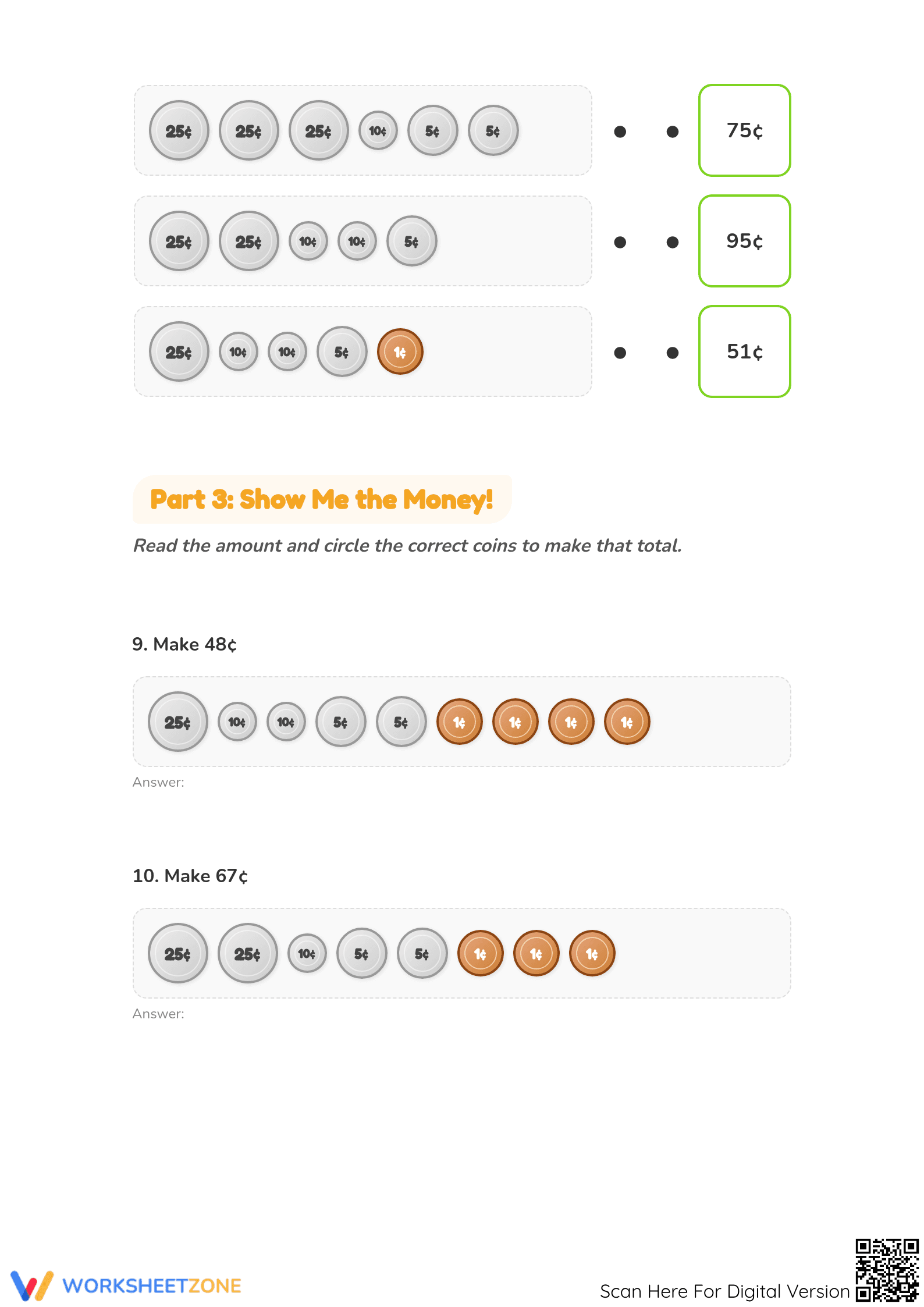 Printable Grade 2 Money Math: Counting Coins up to 95 Cents - Page 3
