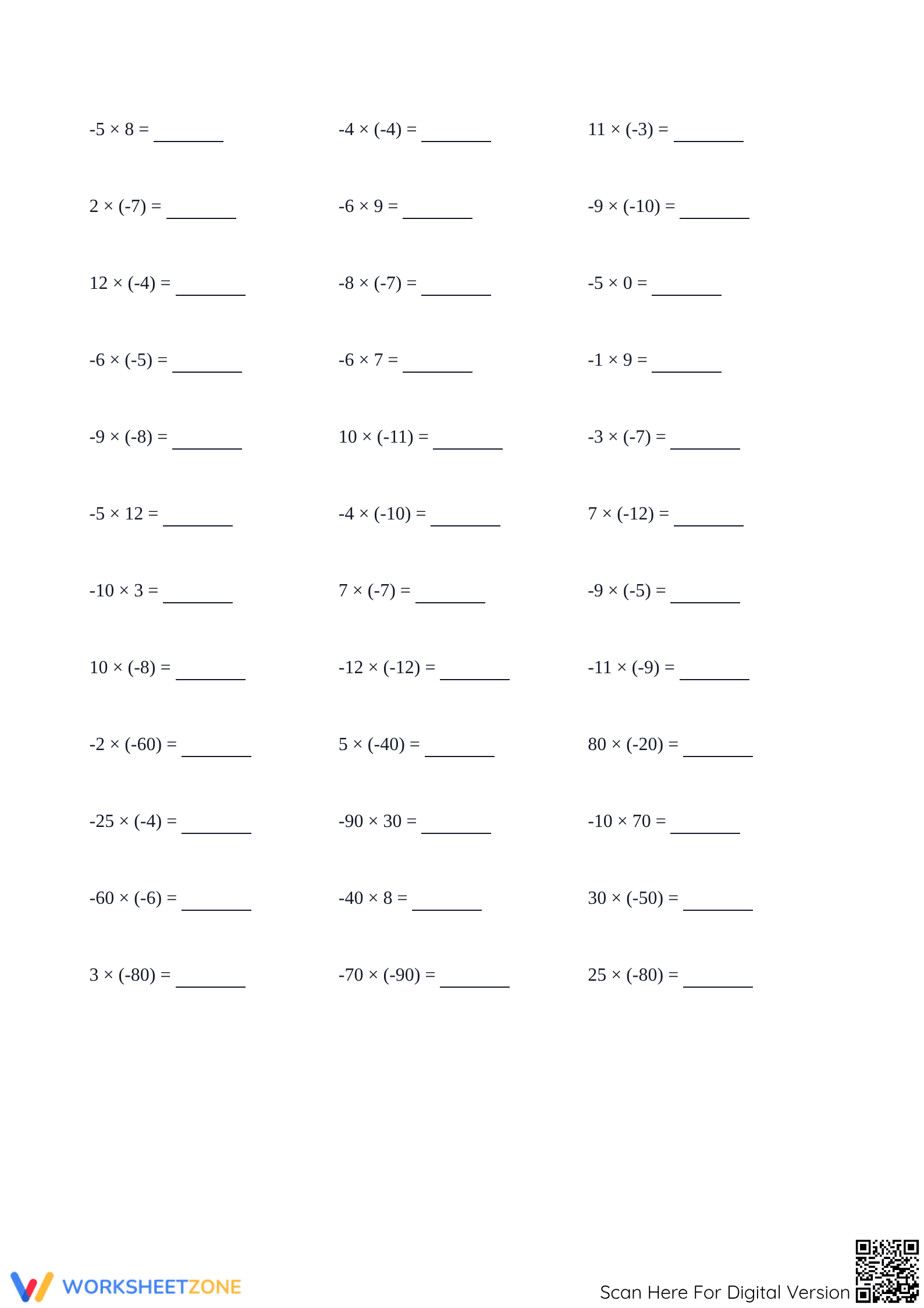 Grade 7 Multiplying Integers — Printable No-Prep Worksheet - Page 2