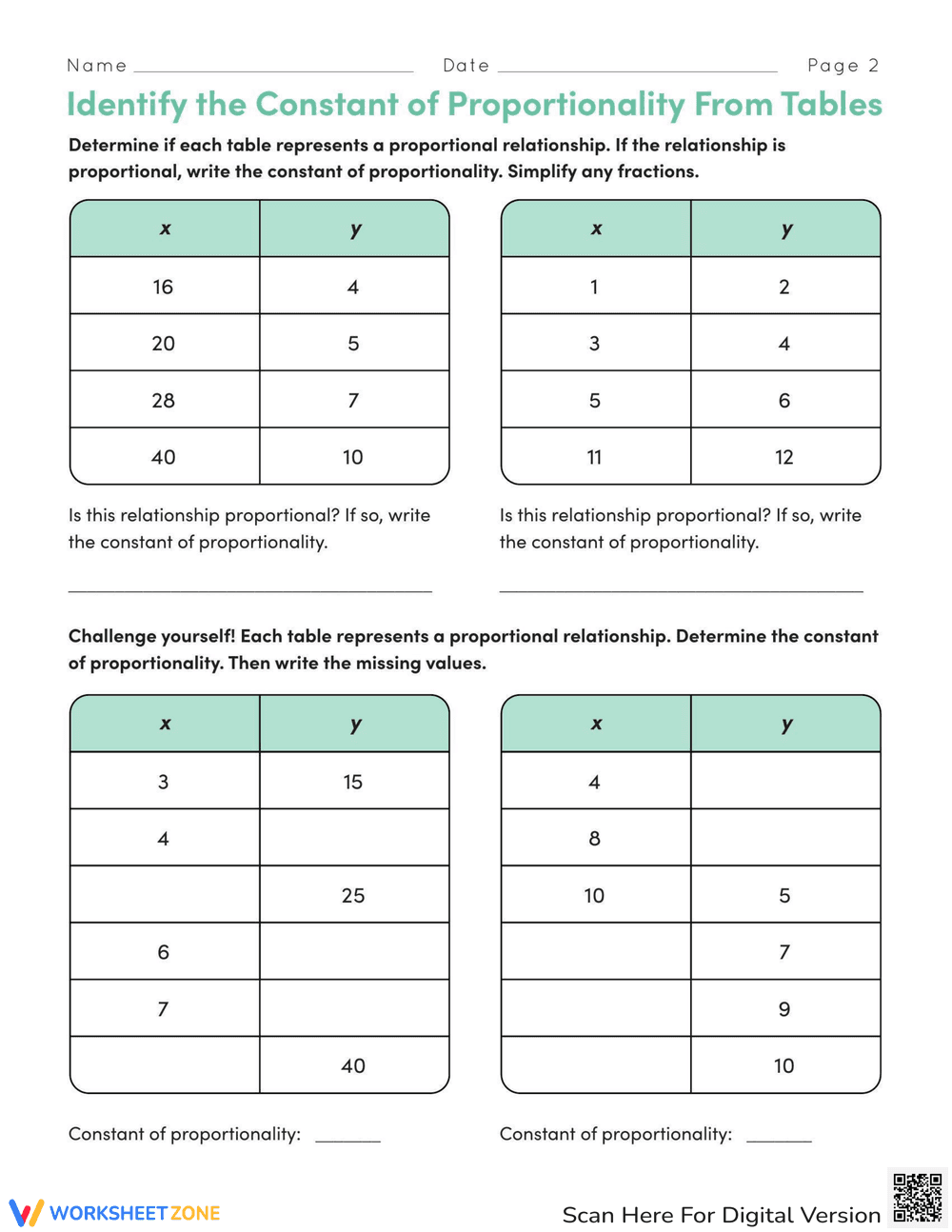 Identify the Constant of Proportionality Worksheet - Page 2