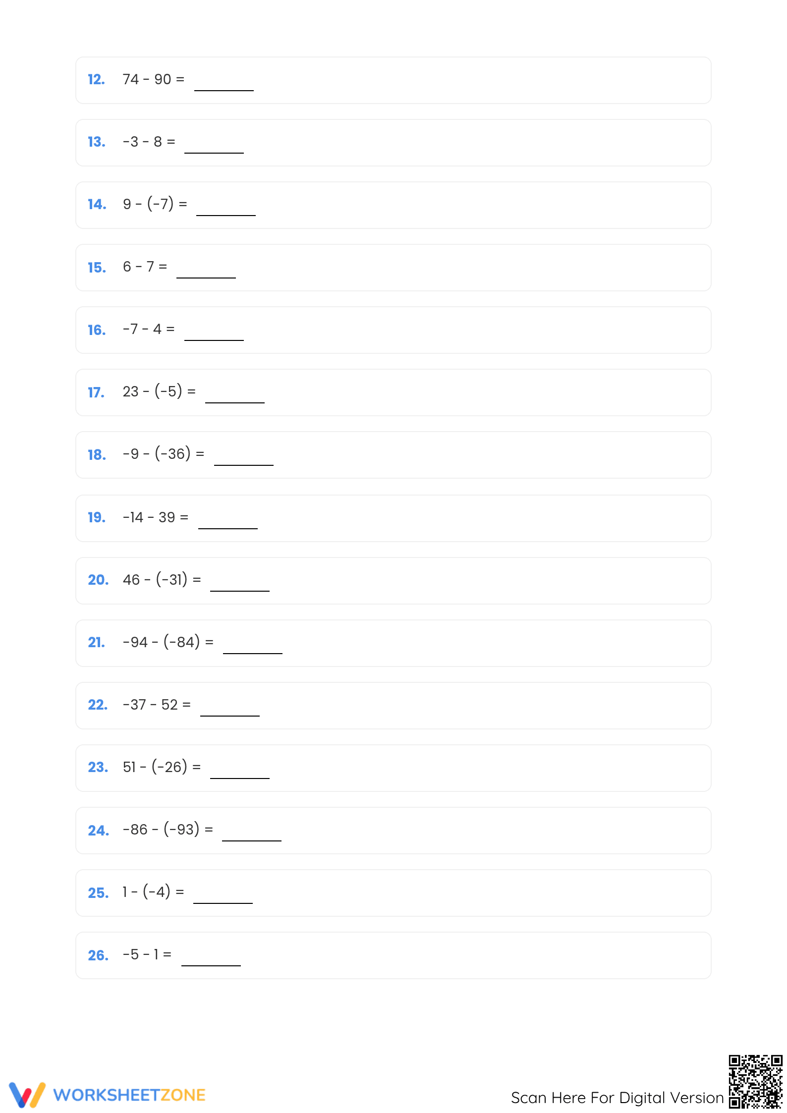 Printable Subtracting Integers Worksheet | Grade 7 Math - Page 2
