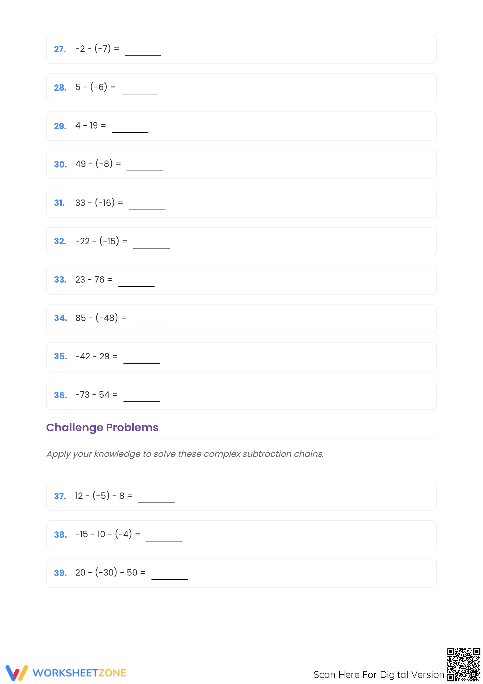 Printable Subtracting Integers Worksheet | Grade 7 Math - Page 3