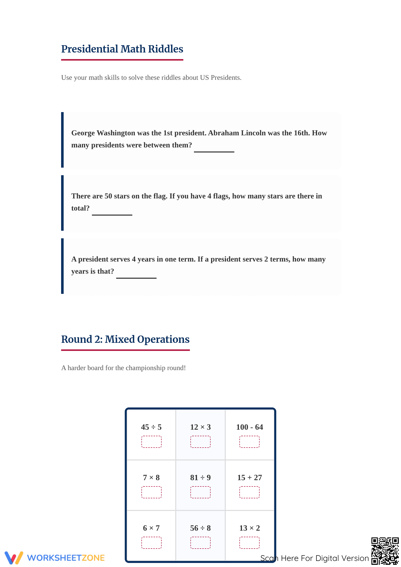 Printable President's Day Math Tic-Tac-Toe - Grade 3 - Page 2