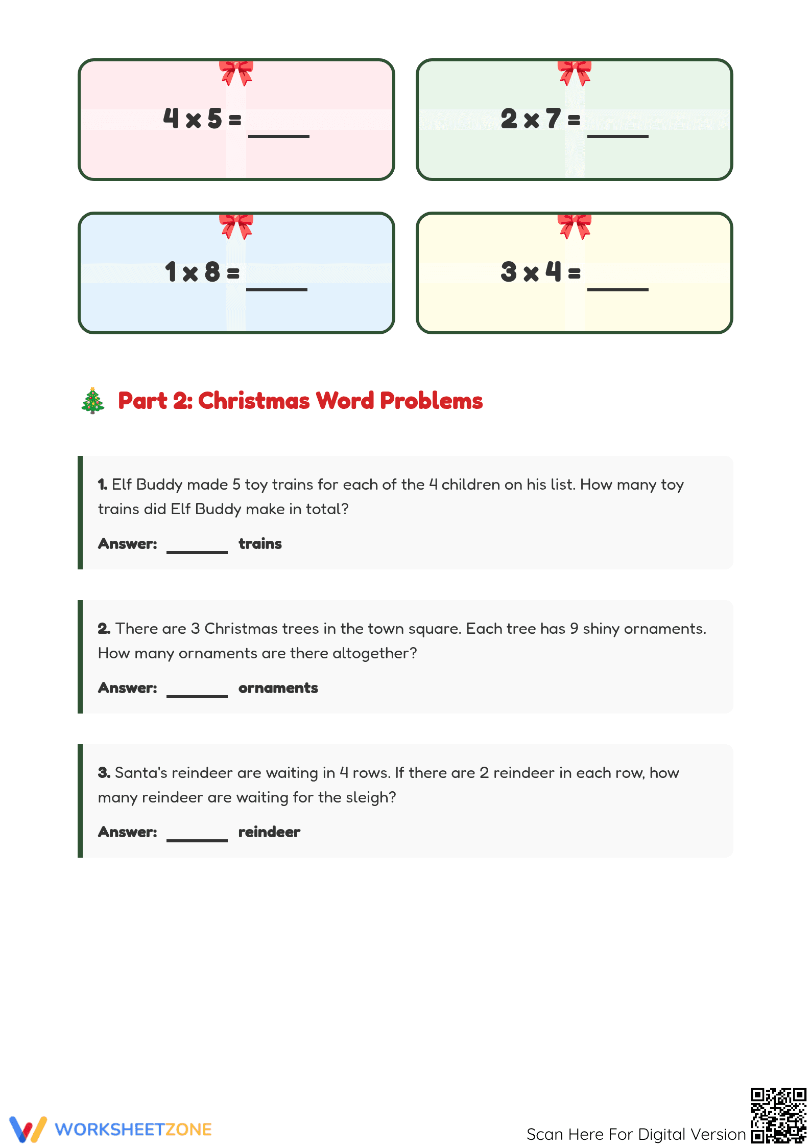 Christmas Multiplication Worksheet | Printable Grade 3-4 - Page 2