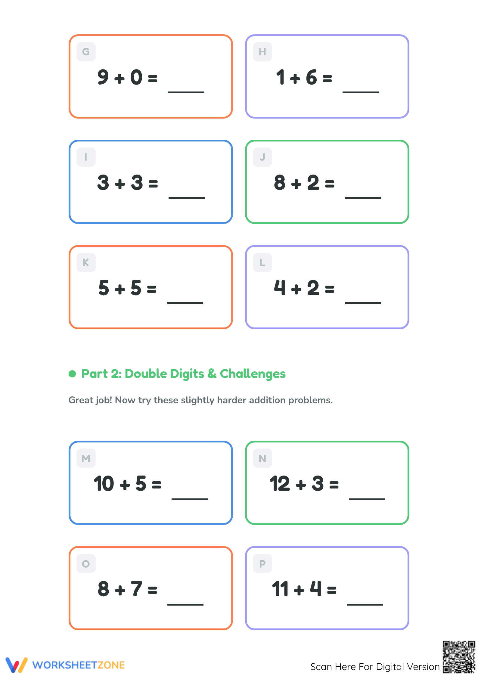 Grade 1 Addition Within 20 — Printable No-Prep Worksheet - Page 2