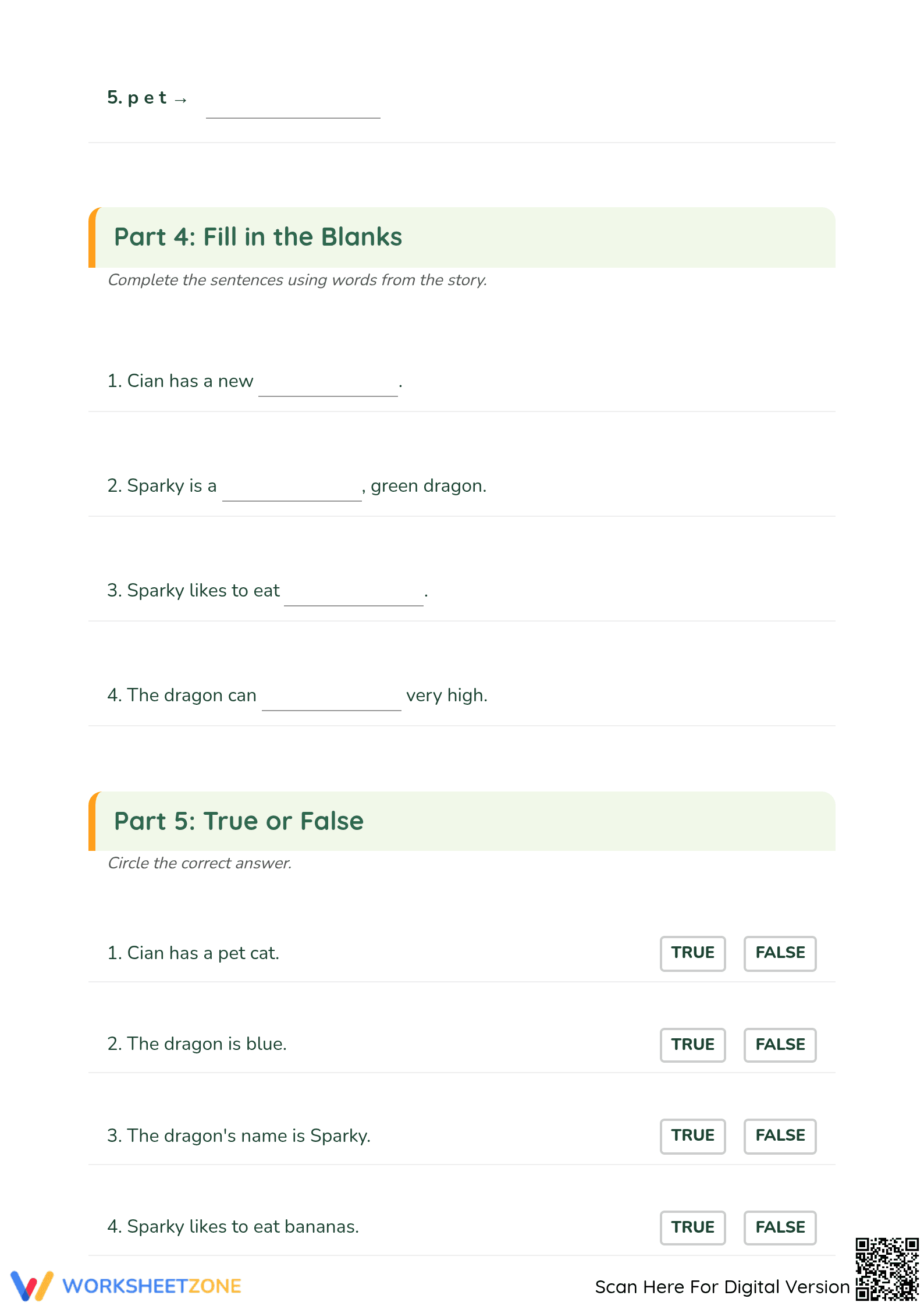 Grade 1 Reading Comprehension: Cian's New Pet — Printable - Page 4