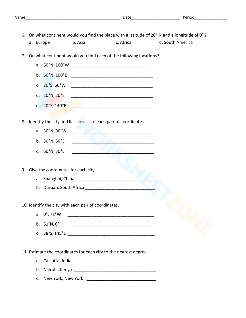 World Latitude and Longitude Worksheet - Page 2