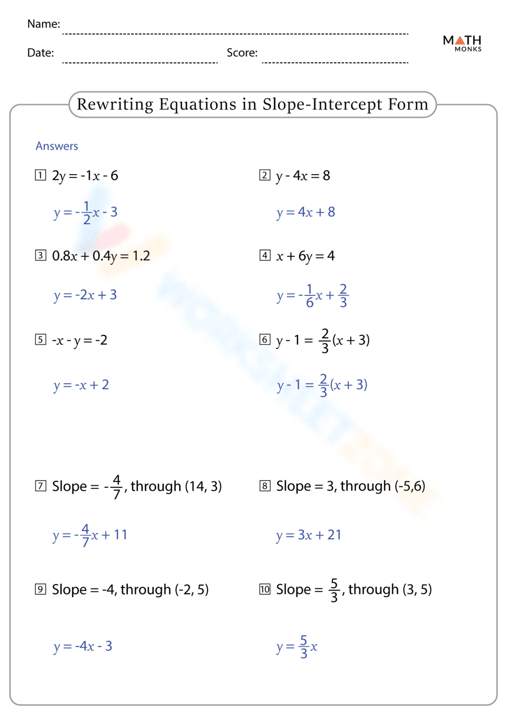 Equations in Slope-Intercept Form: Practice - Page 2