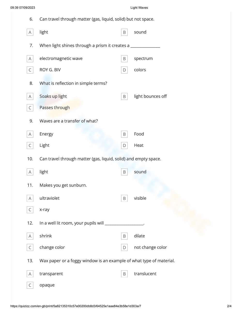 Light Waves Worksheet for Grade 7 - Page 2