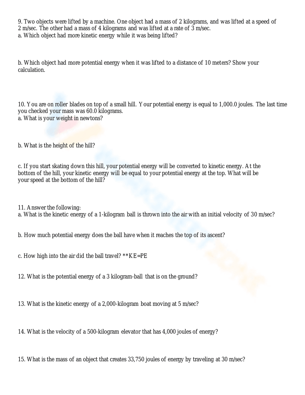 Kinetic And Potential Energy Worksheets - Page 2