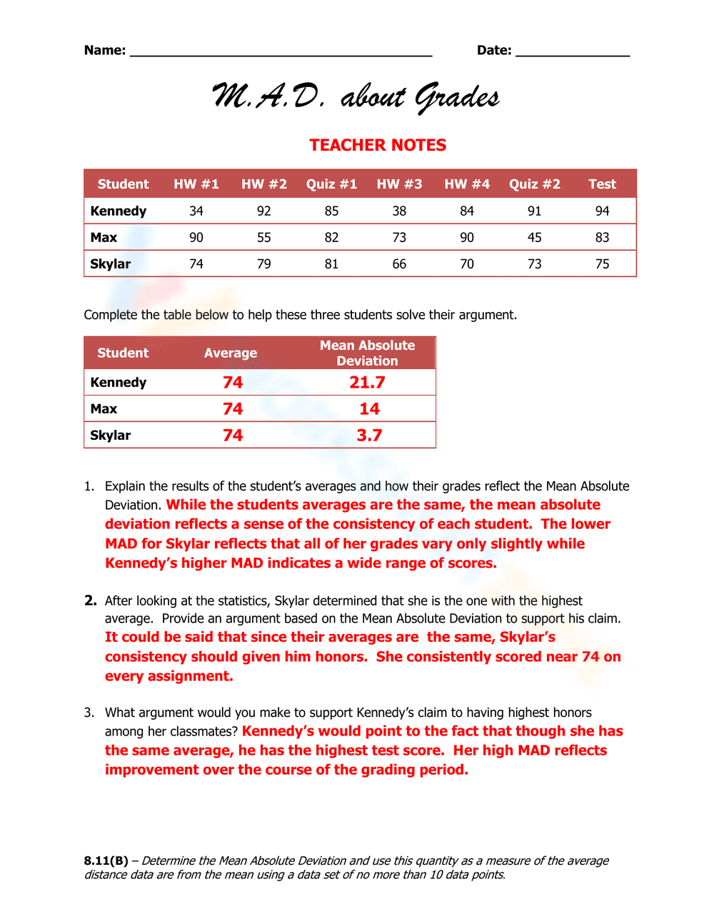MAD About Grades: Mean Absolute Deviation Worksheet - Page 3