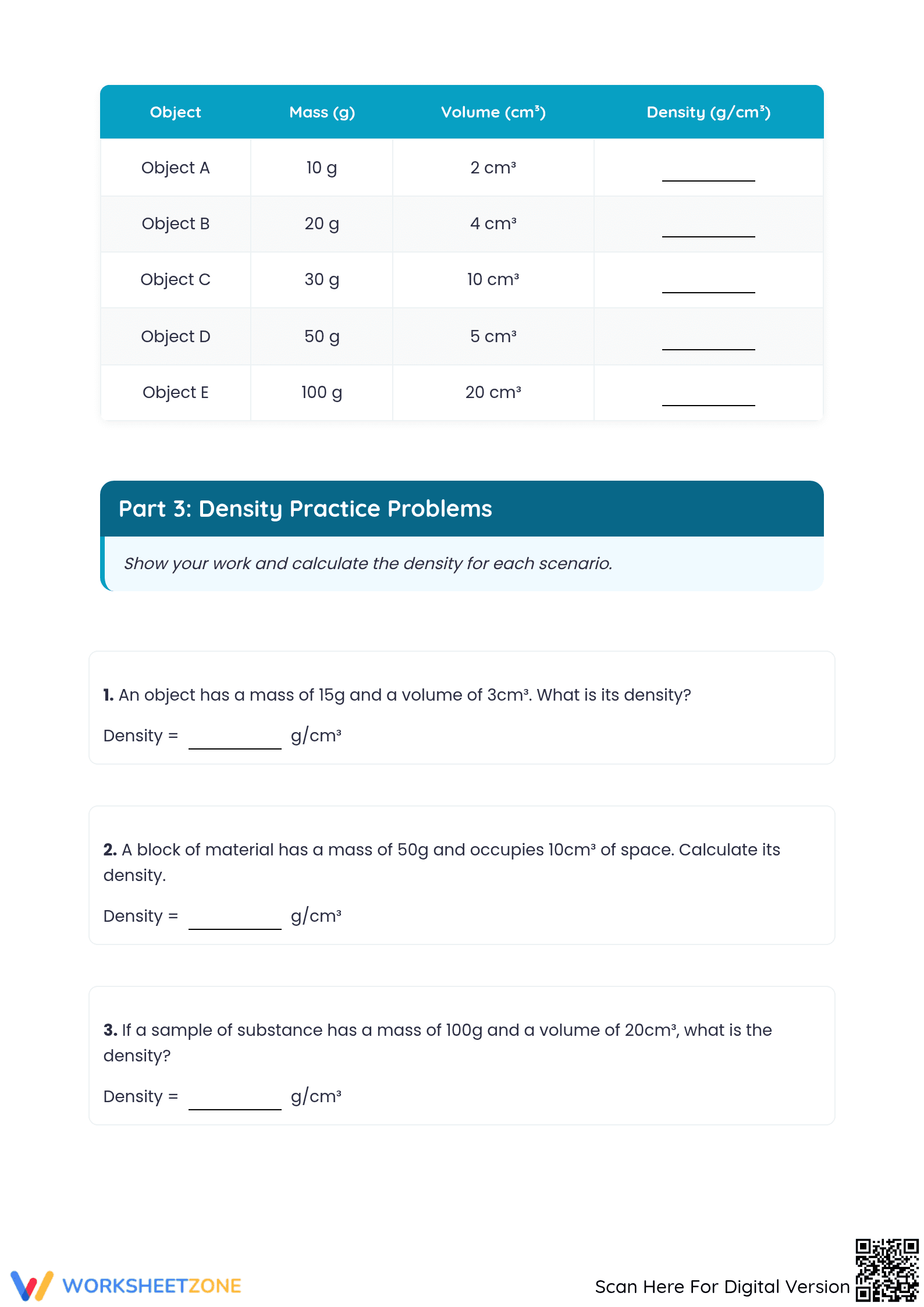 Grade 6 Density Calculations — Printable No-Prep Worksheet - Page 2