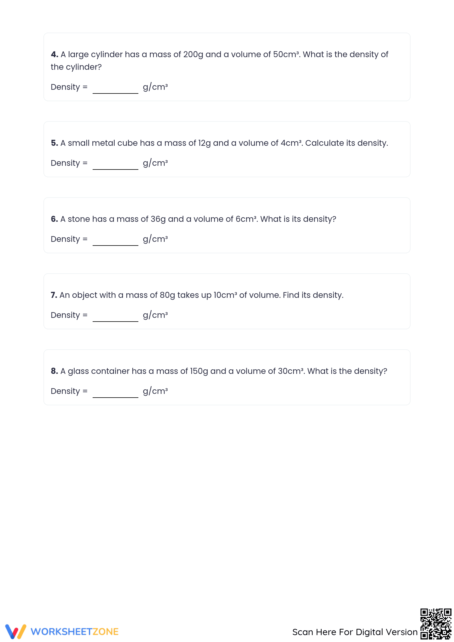 Grade 6 Density Calculations — Printable No-Prep Worksheet - Page 3