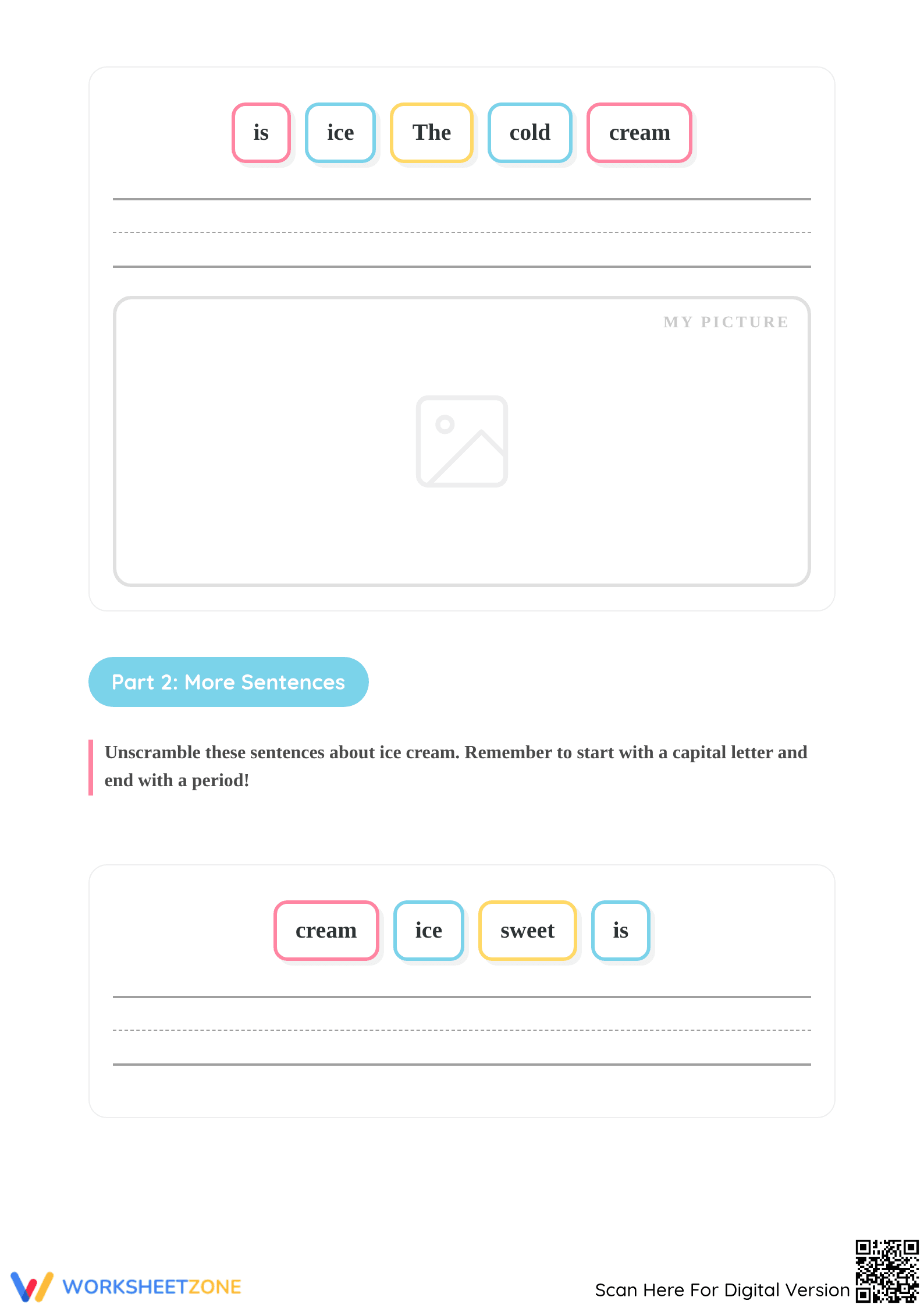Printable Ice Cream Scrambled Sentences Worksheet | Grade K-1 - Page 2