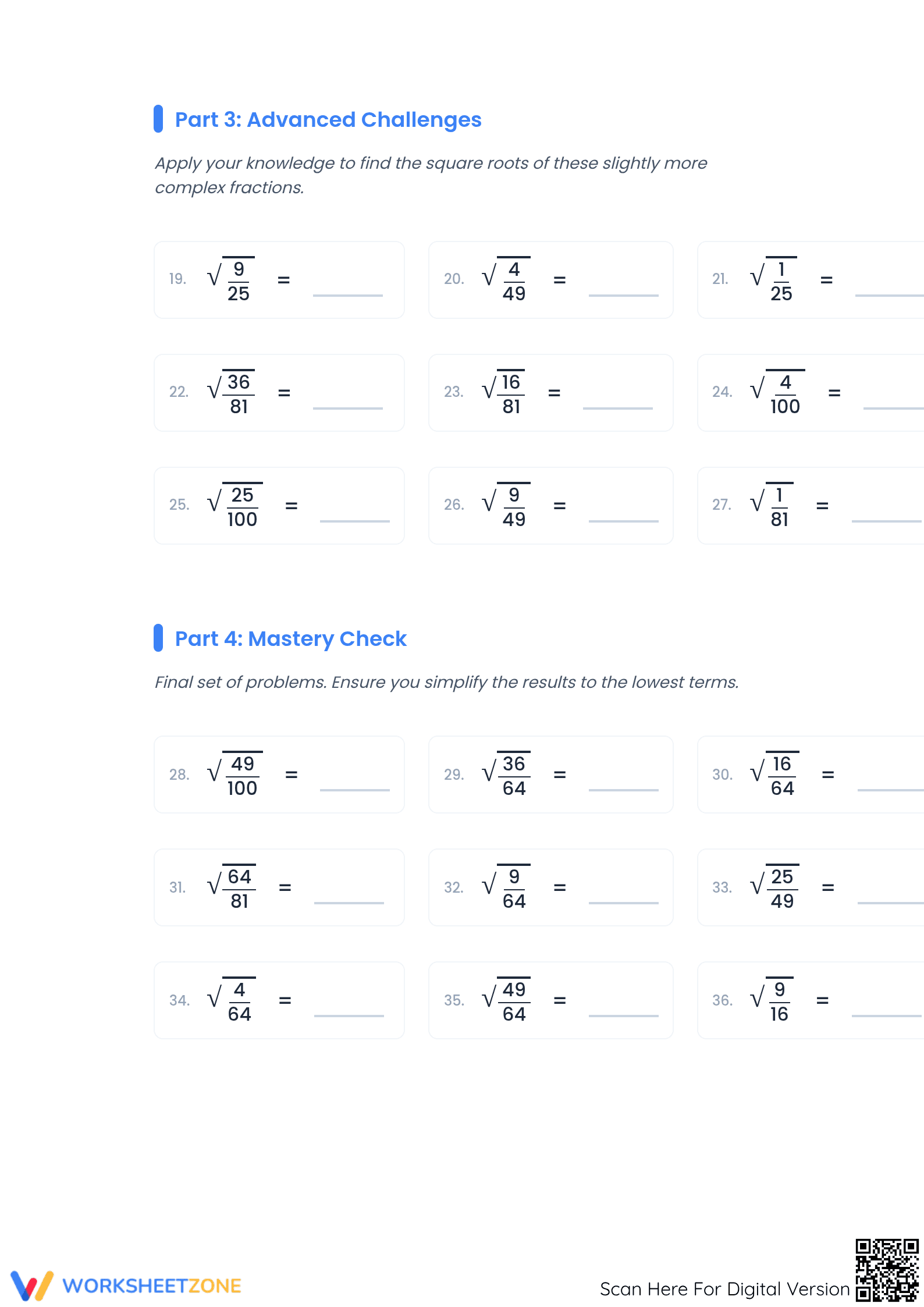 Grade 6-7 Square Roots Fractions — Printable No-Prep Worksheet - Page 2