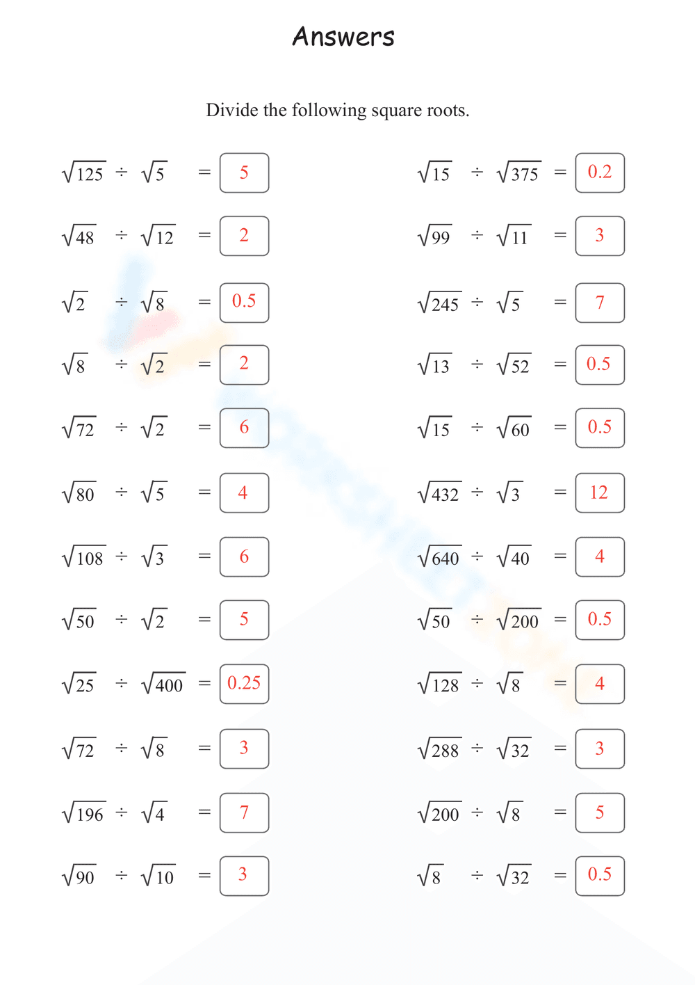 Dividing Square Roots Worksheet - Page 2