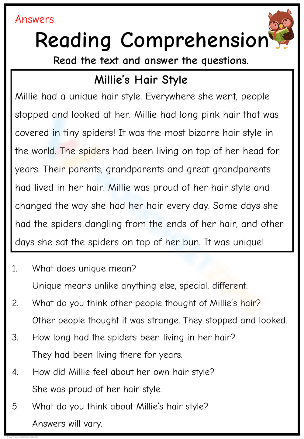 Millie’s Hair Style Reading Comprehension Worksheet - Page 2