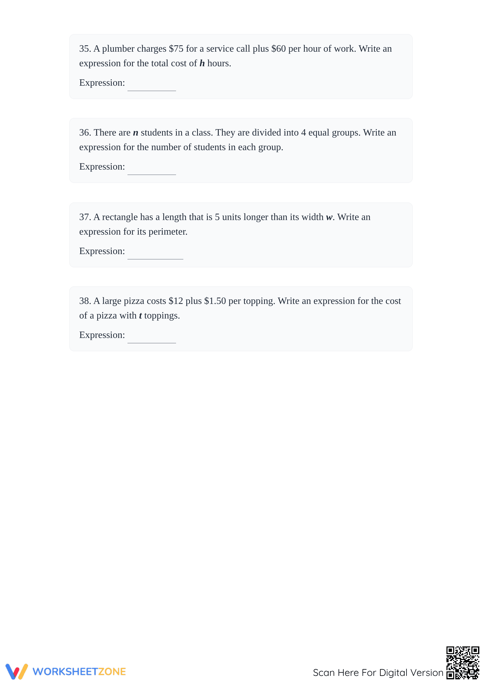 Algebraic Expressions Worksheet | Grade 6 Essential Math - Page 4