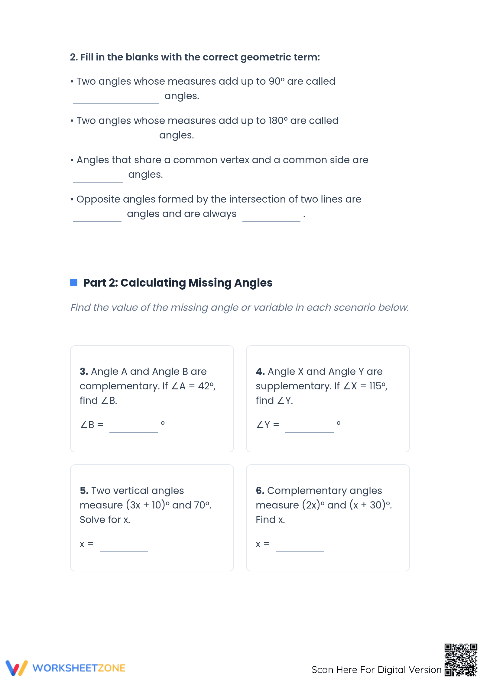 Printable Angles & Angle Relationships Worksheet (8-10) - Page 2